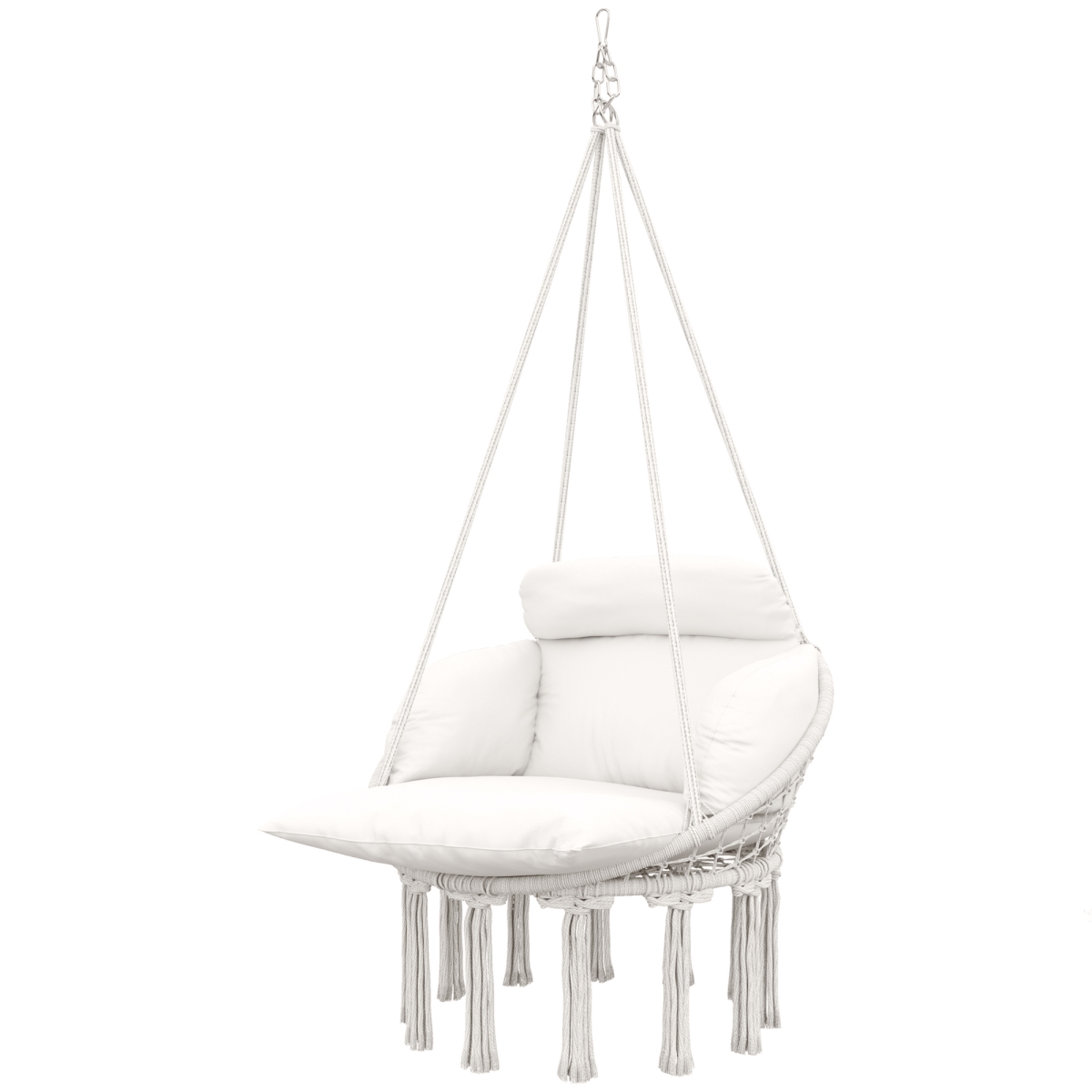 84A-357V00CW Outsunny Hammock Swing Chair - Macrame Hanging Chair with Large Cushion - Chain - Steel Frame for Indoor Outdoor Use, Cream White
