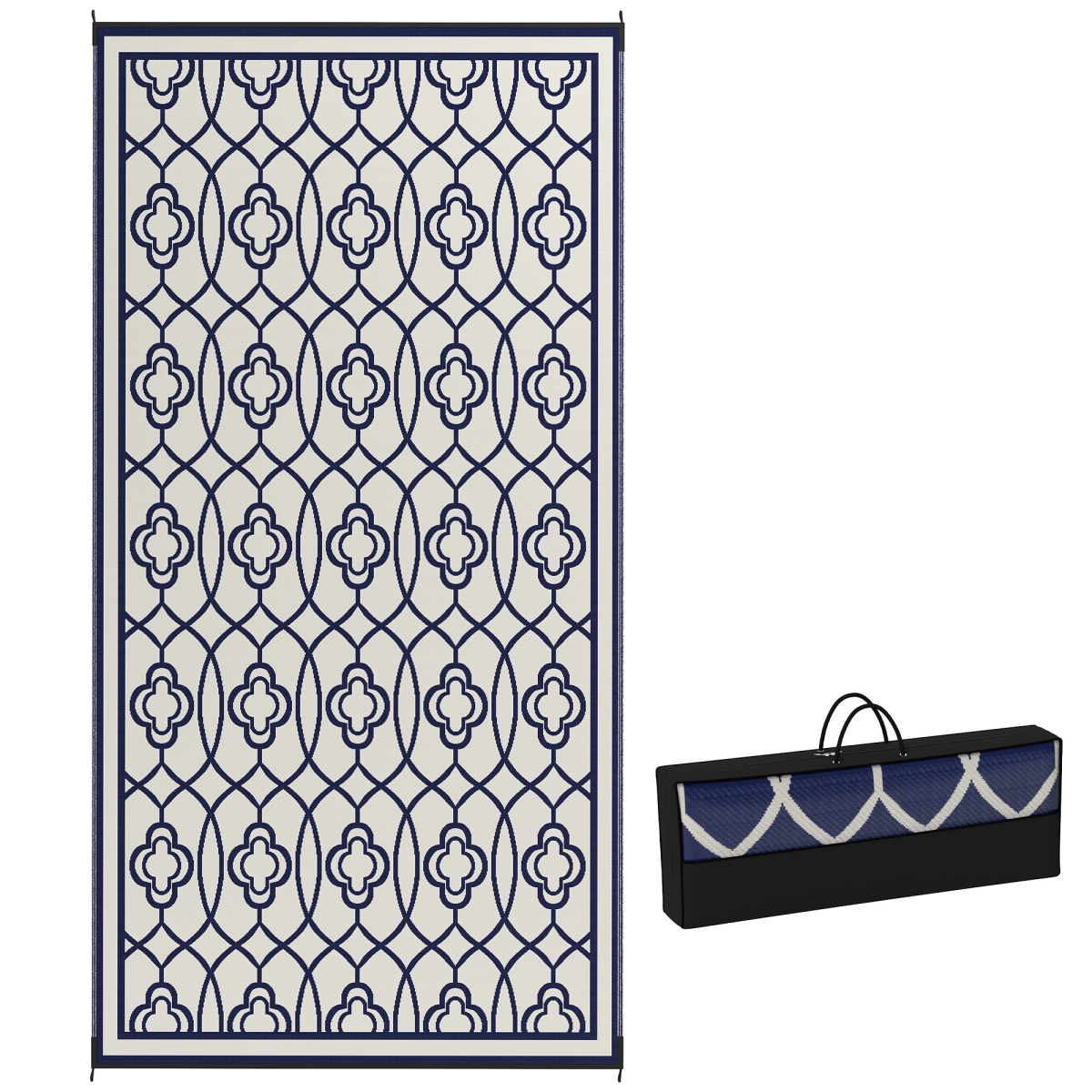 Picture of 212 Main 84J-068V00BU 9 x 18 ft. Outsunny Reversible Outdoor Rug - Waterproof Plastic Straw with Carry Bag&#44; Blue & White Lantern