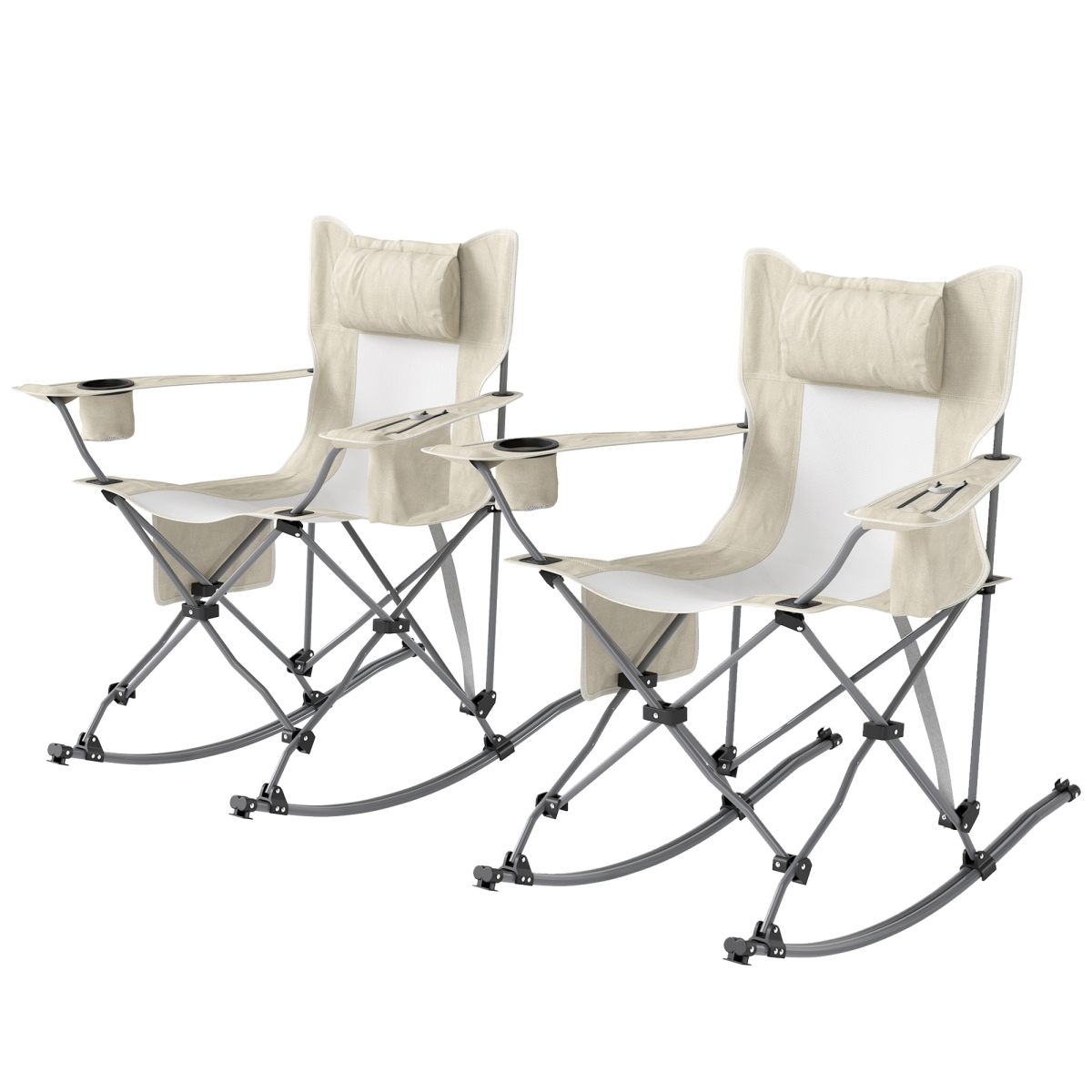 Picture of 212 Main 84G-787V00CW Outsunny Folding Rocking Camping Chairs - Portable Chairs with Headrest - Cooler Bag - Cup Holder - Carry Bag&#44; Cream - Pack of 2