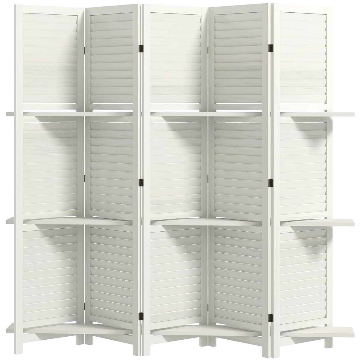 830-313V01WT 67 in. HOMCOM 5 Panel Tall Wood Privacy Screen Room Divider with 3 Shelves & Folding Storage for Bedroom, White