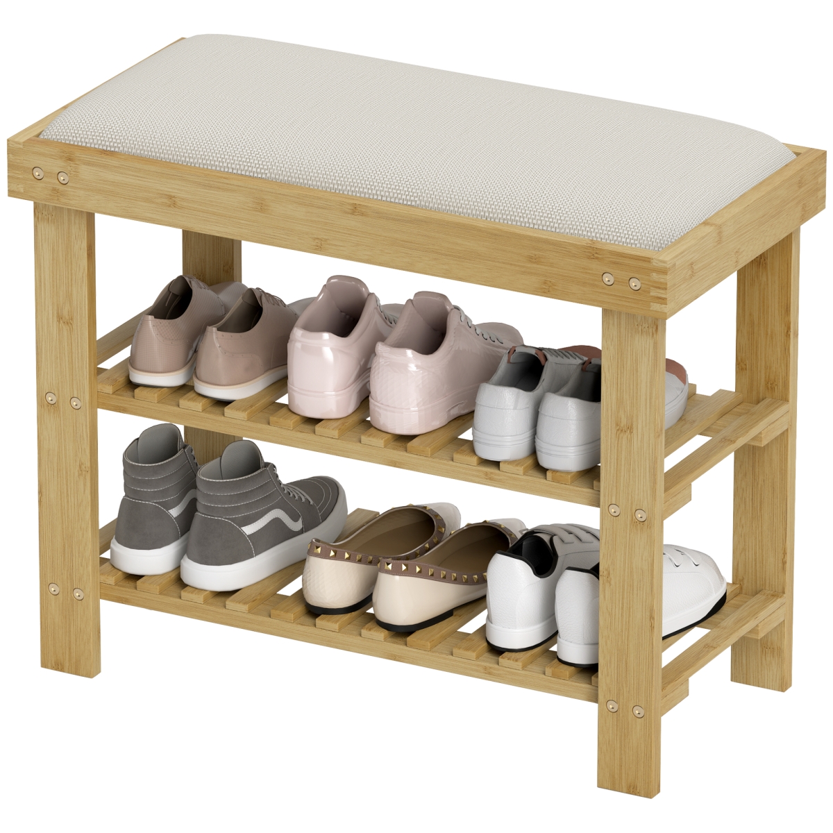 Picture of 212 Main 837-539V00CW HOMCOM Bamboo Shoe Storage Bench - 3-Tier Entryway Bench with Cushion - Shoe Organizer for Entryway - Hallway&#44; Cream White