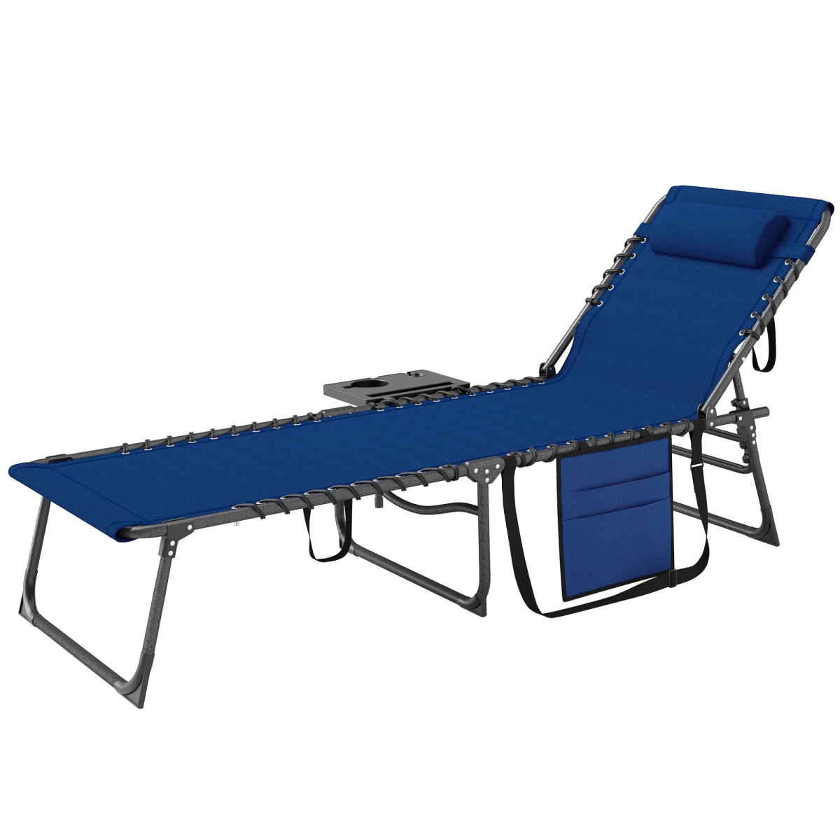 84G-721V00NU Outsunny Folding Outdoor Chaise Lounge Chair Tanning Chair with 5-Level Adjustable Back - Side Table - Pillow - Pocket, Dark Blue