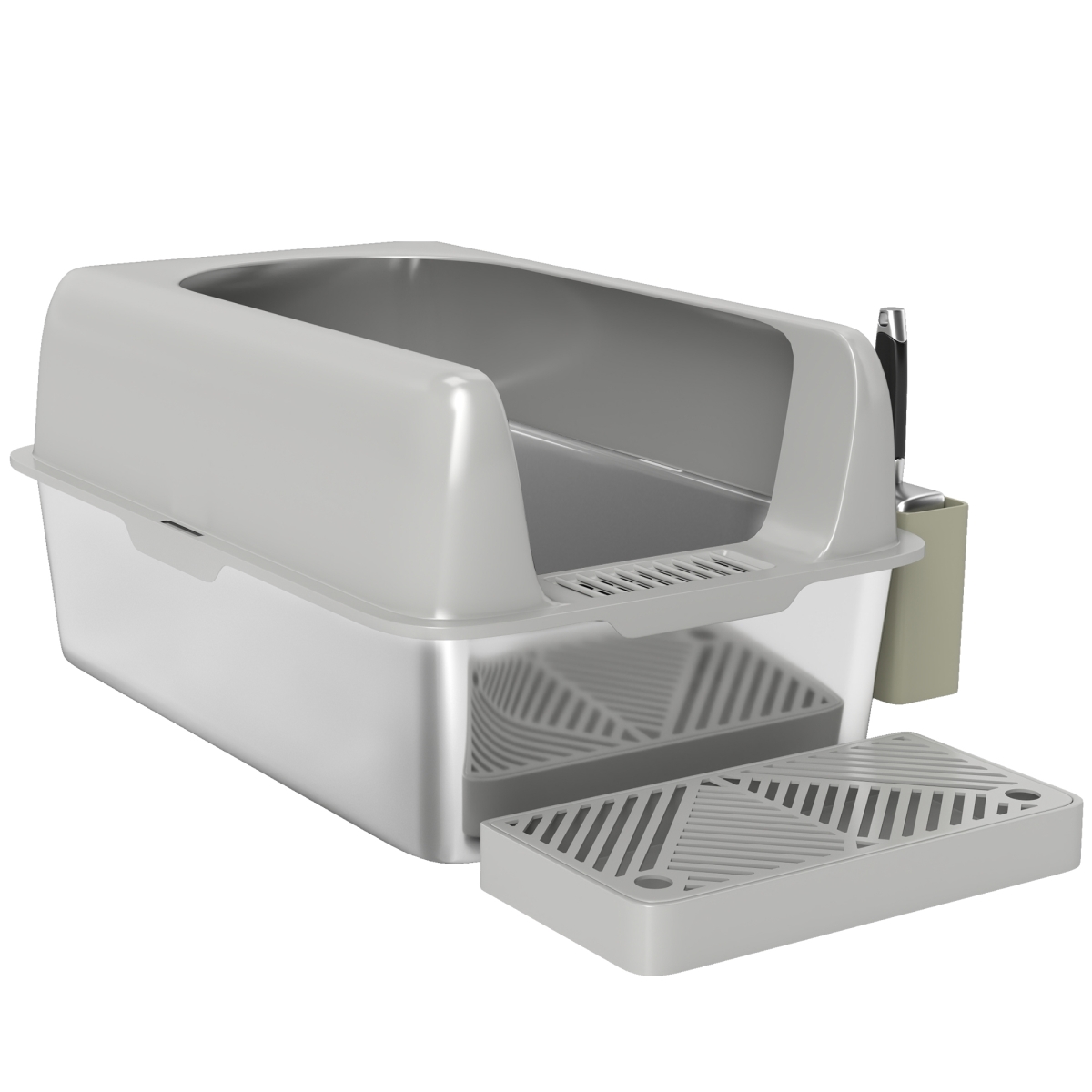 Picture of 212 Main D31-114V00LG PawHut High Sided Stainless Steel Litter Box with Metal Scoop & Scoop Holder for Easy Clean & Anti-Urine Leakage&#44; Light Gray