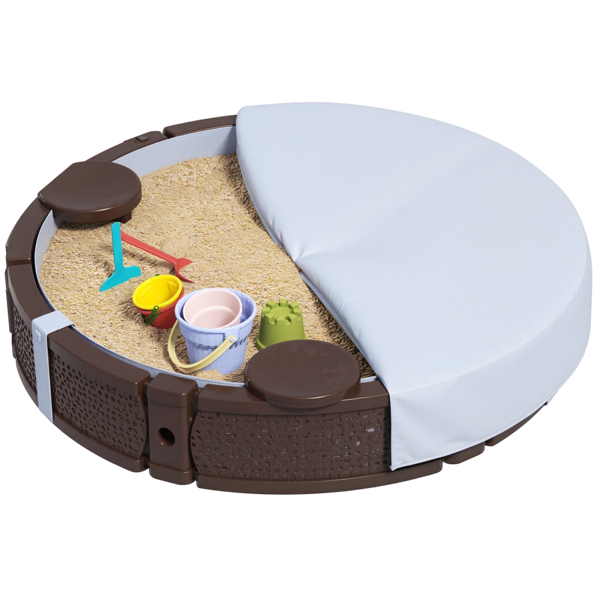 Picture of 212 Main 343-075V00DR 47 in. Qaba Round Kids Sandbox with Cover - 3 Seats - Waterproof Bottom Liner for Backyard - Lawn - Garden - Beach - Patio&#44; Brown