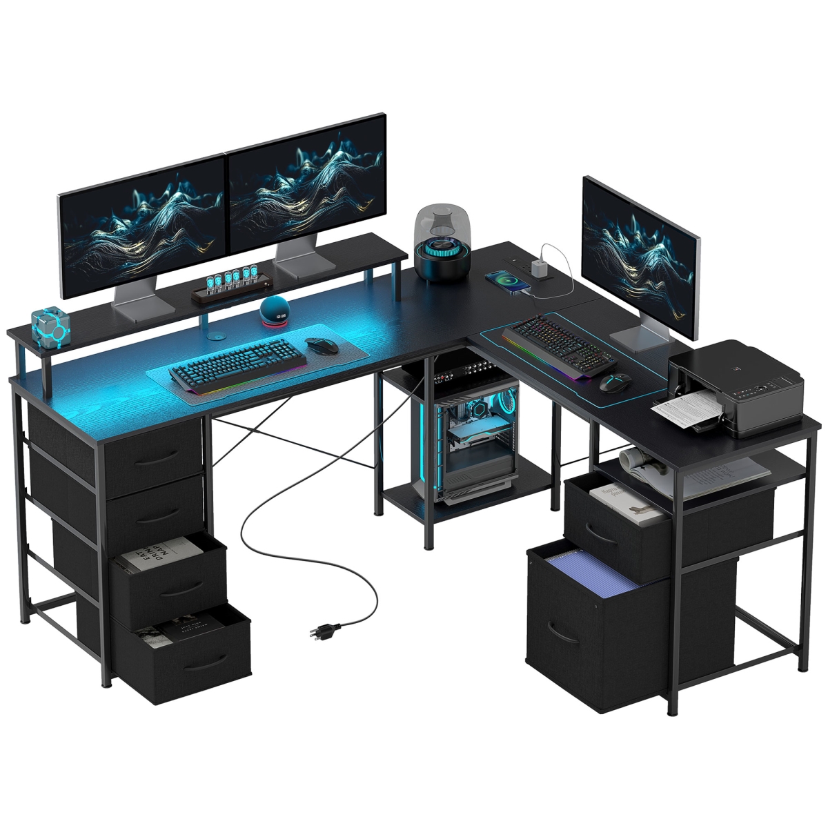 Picture of 212 Main 920-098V80BK 66 in. Homcom Reversible L Shaped Computer Desk - Corner Desk with File Drawer - Power Outlets & LED Lights&#44; Distressed Black