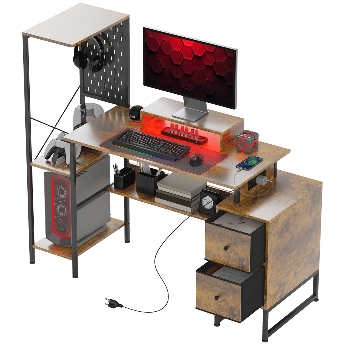 Picture of 212 Main 920-090V80RB 56 in. Homcom Computer Desk with Storage - Computer Table with Power Outlets & LED Lights&#44; Rustic Brown