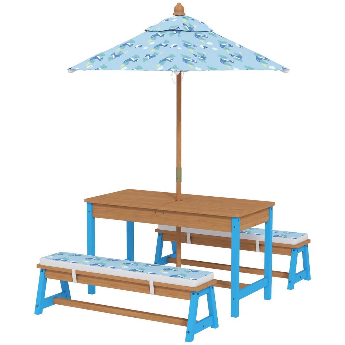 Picture of 212 Main 3E3-009V00BU Qaba Kids Picnic Table Set with Foldable Umbrella - Removable Cushions & Boxes - Dinosaur Theme&#44; Blue