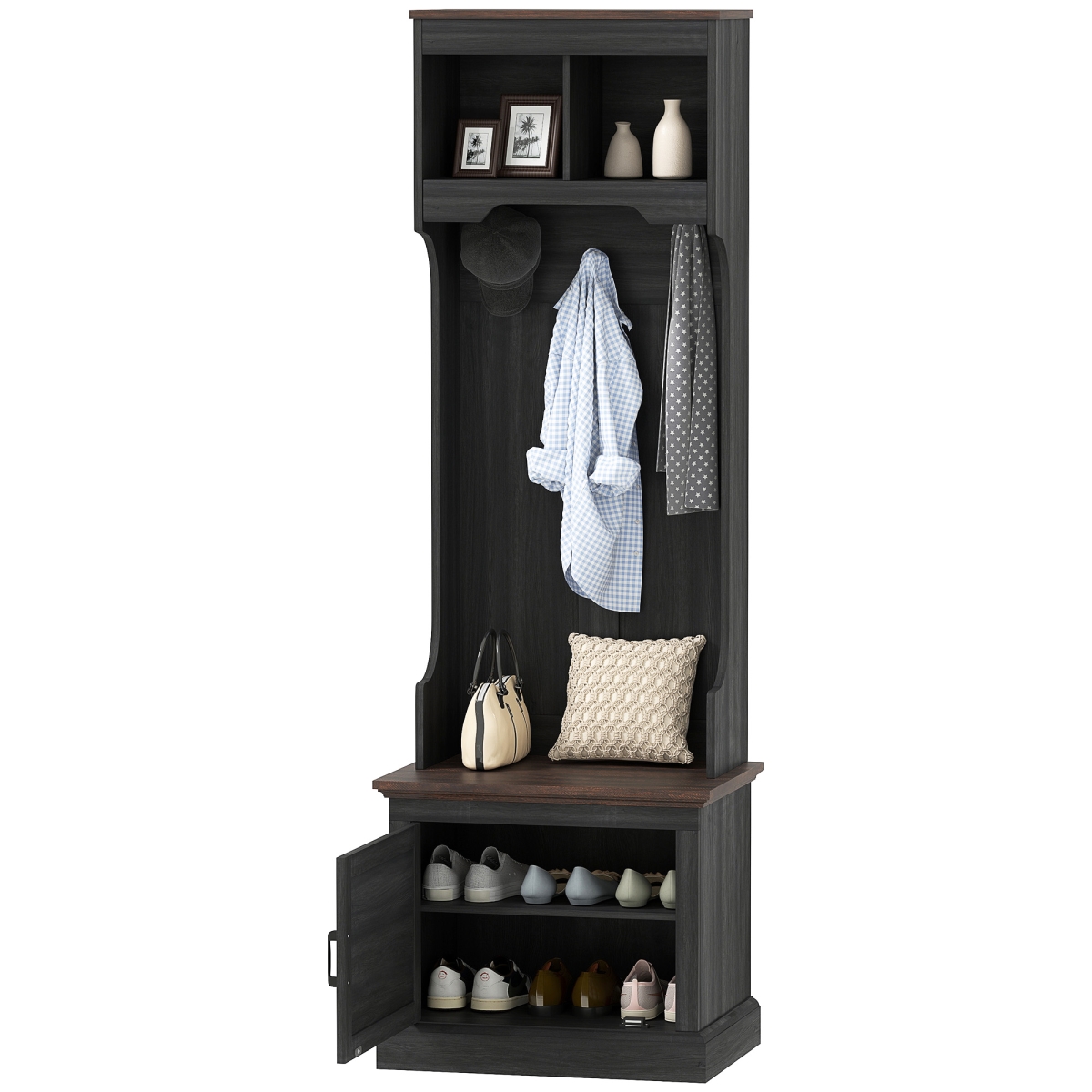 837-569V80BK HOMCOM 3-in-1 Hall Tree with Shoe Storage - Coat Rack with Bench - Entryway Furniture with Five Hooks, Black Wood Grain