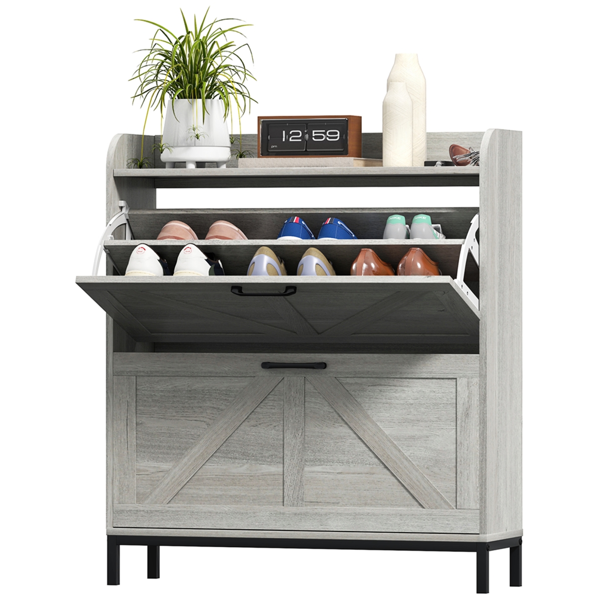 Picture of 212 Main 837-555V80LG HOMCOM Shoe Cabinet Organizer with 2 Flip Drawers - Legs - Narrow Shoe Storage Cabinet for Entryway - Hallway&#44; Light Gray