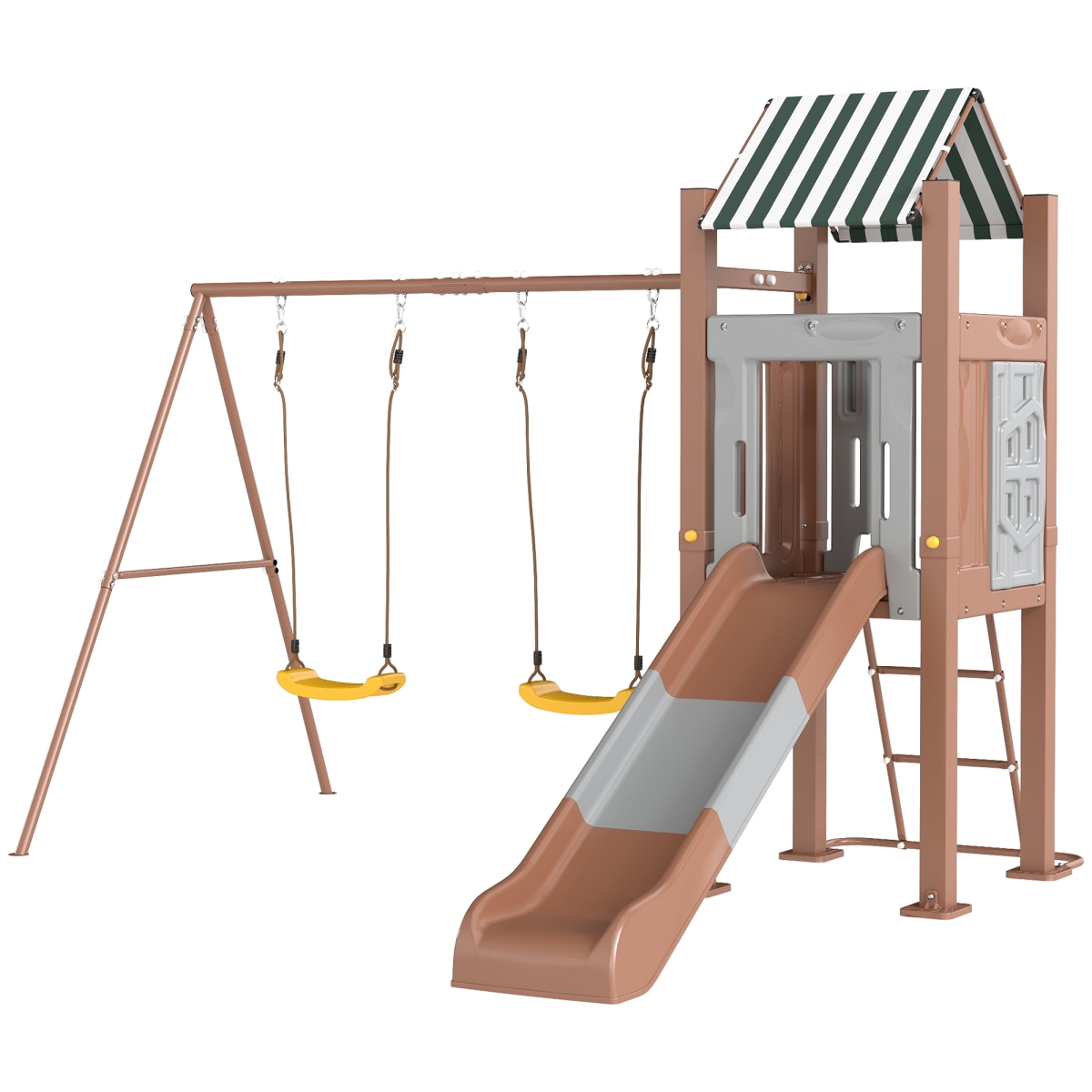 Picture of 212 Main 344-092V00BN 6 ft. Qaba Kids Swing Set with Slide - 2 Adjustable Swings Fort with Canopy - Ladder - Ground Stakes for Ages 3-8&#44; Brown