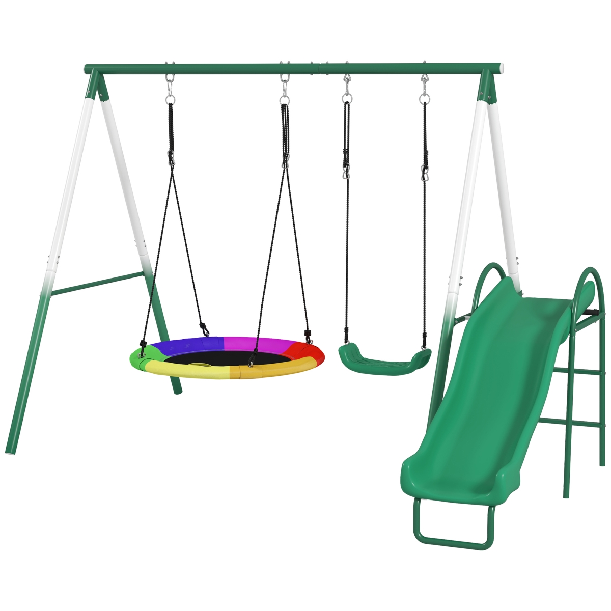 Picture of 212 Main 344-085V00DG Qaba Metal Swing Set with Slide - Saucer Swing Seat - Heavy Duty A-Frame Stand & Adjustable Rope for Backyard&#44; Dark Green