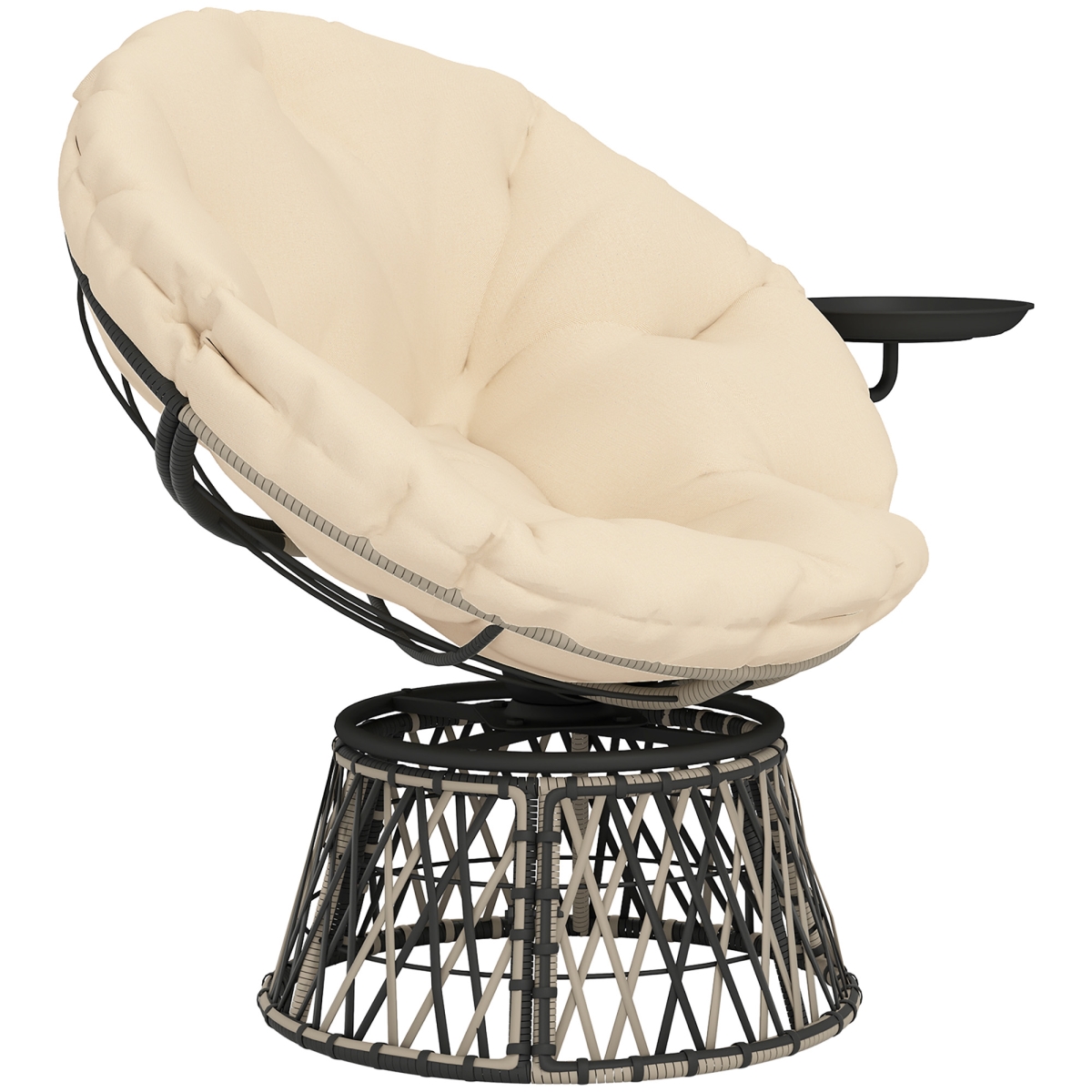 Outsunny 360 deg Swivel Outdoor Papasan Chair - Overstuffed Circle Chair with Side Tray - Thickened Cushion for Indoor - Patio, Beige