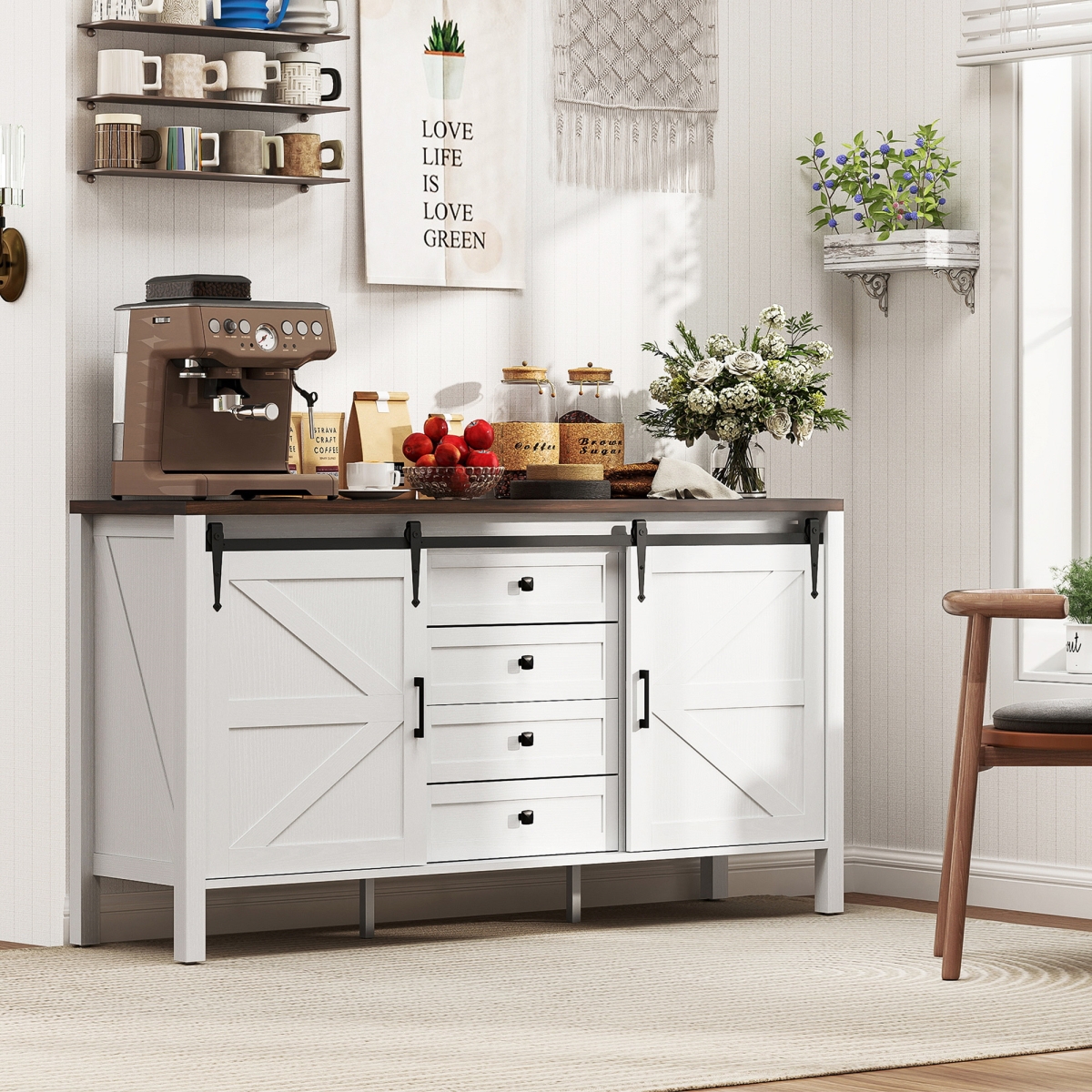 Picture of 212 Main 83B-313V80WT 59 in. HOMCOM Buffet Cabinet - Farmhouse Sideboard with Thick Top - 2 Barn Doors - 4 Drawers & 2 Adjustable Shelves&#44; White