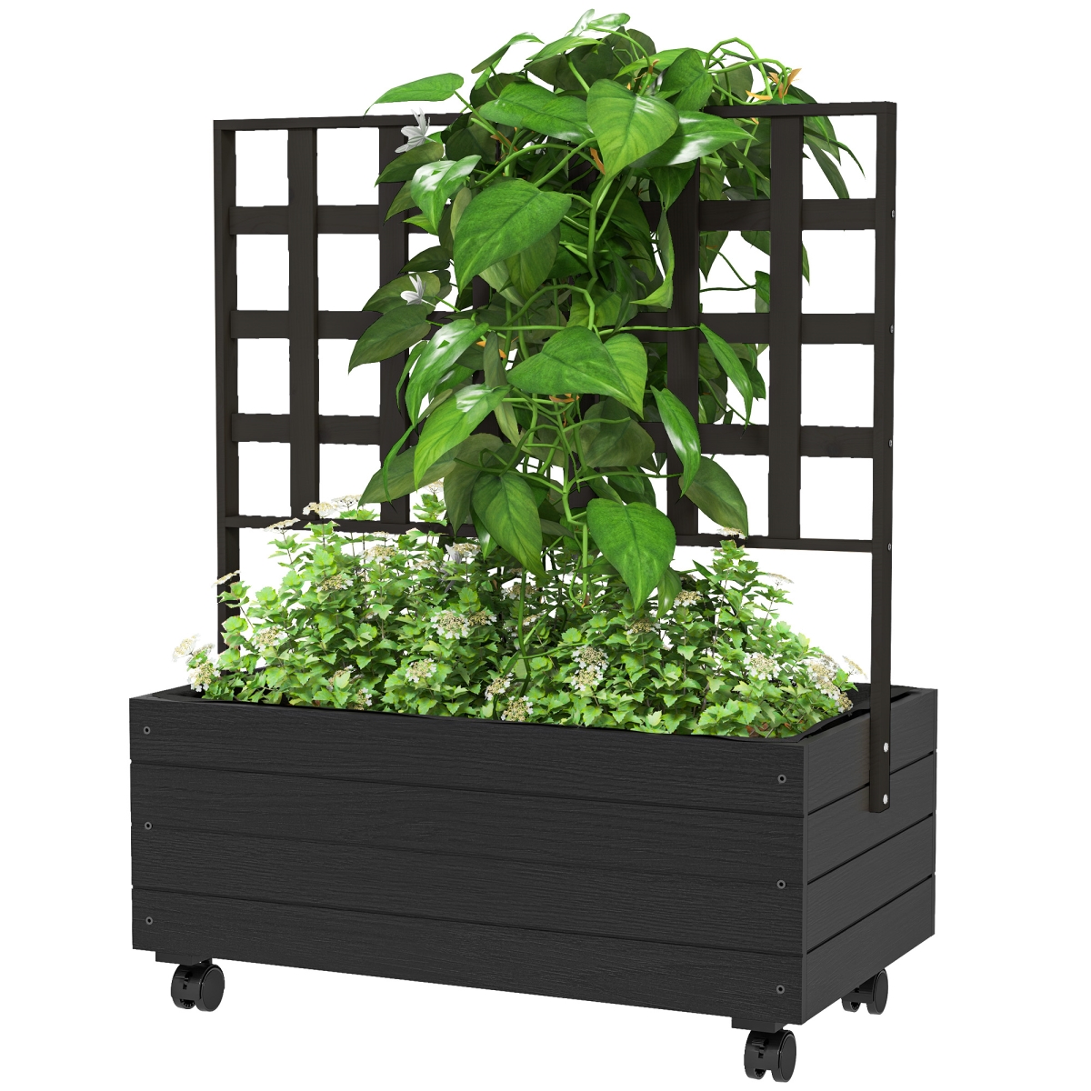 Raised Garden Bed with Trellis & Wheels - Black - Elevated Planter