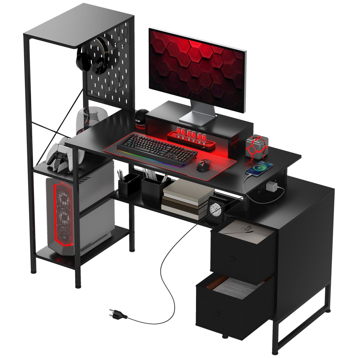 Picture of 212 Main 920-090V80BK 56 in. HOMCOM Computer Desk with Storage - Computer Table with Power Outlets & LED Lights&#44; Black