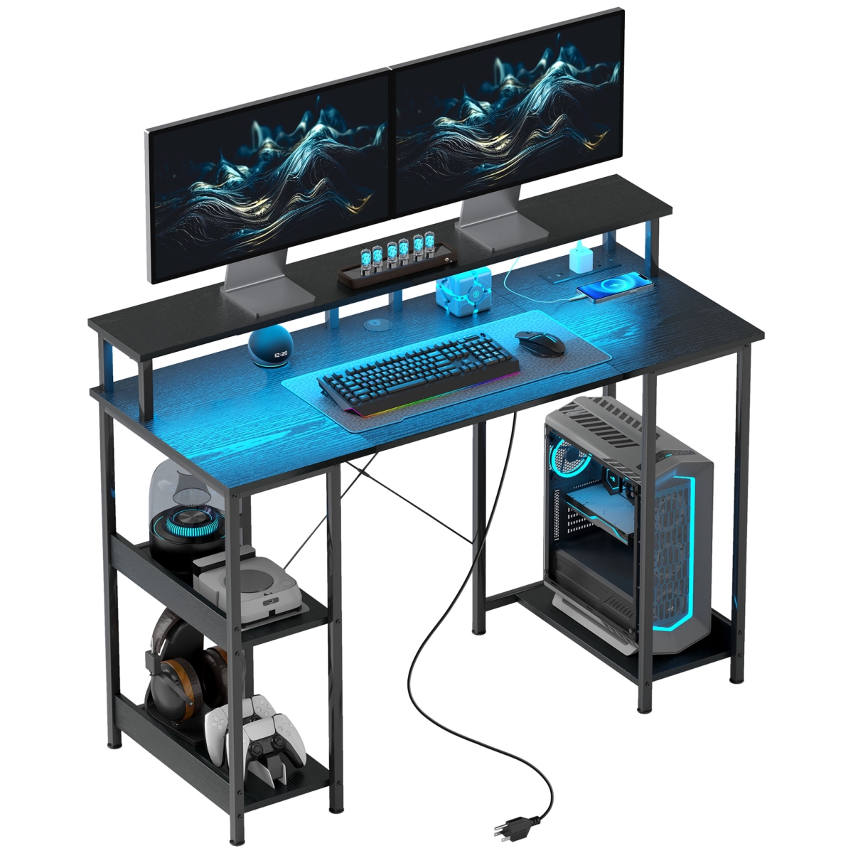 Picture of 212 Main 920-100V80BK 47 in. HOMCOM Computer Desk with Storage - Reversible Computer Table with Power Outlets & LED Lights&#44; Distressed Black