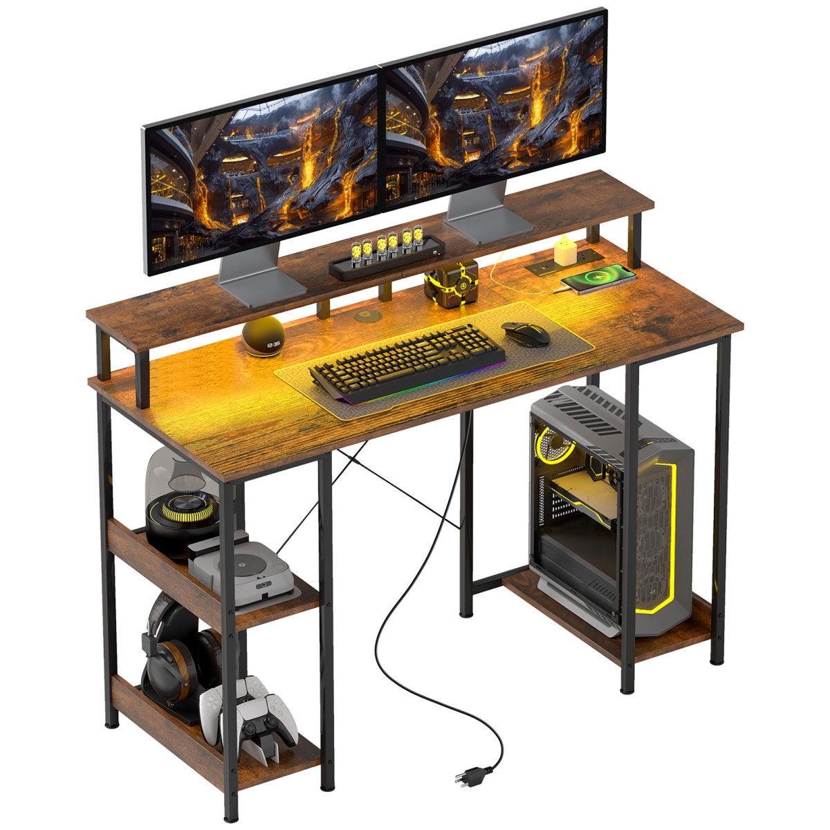 Picture of 212 Main 920-100V80RB 47 in. HOMCOM Computer Desk with Storage - Reversible Computer Table with Power Outlets & LED Lights&#44; Rustic Brown