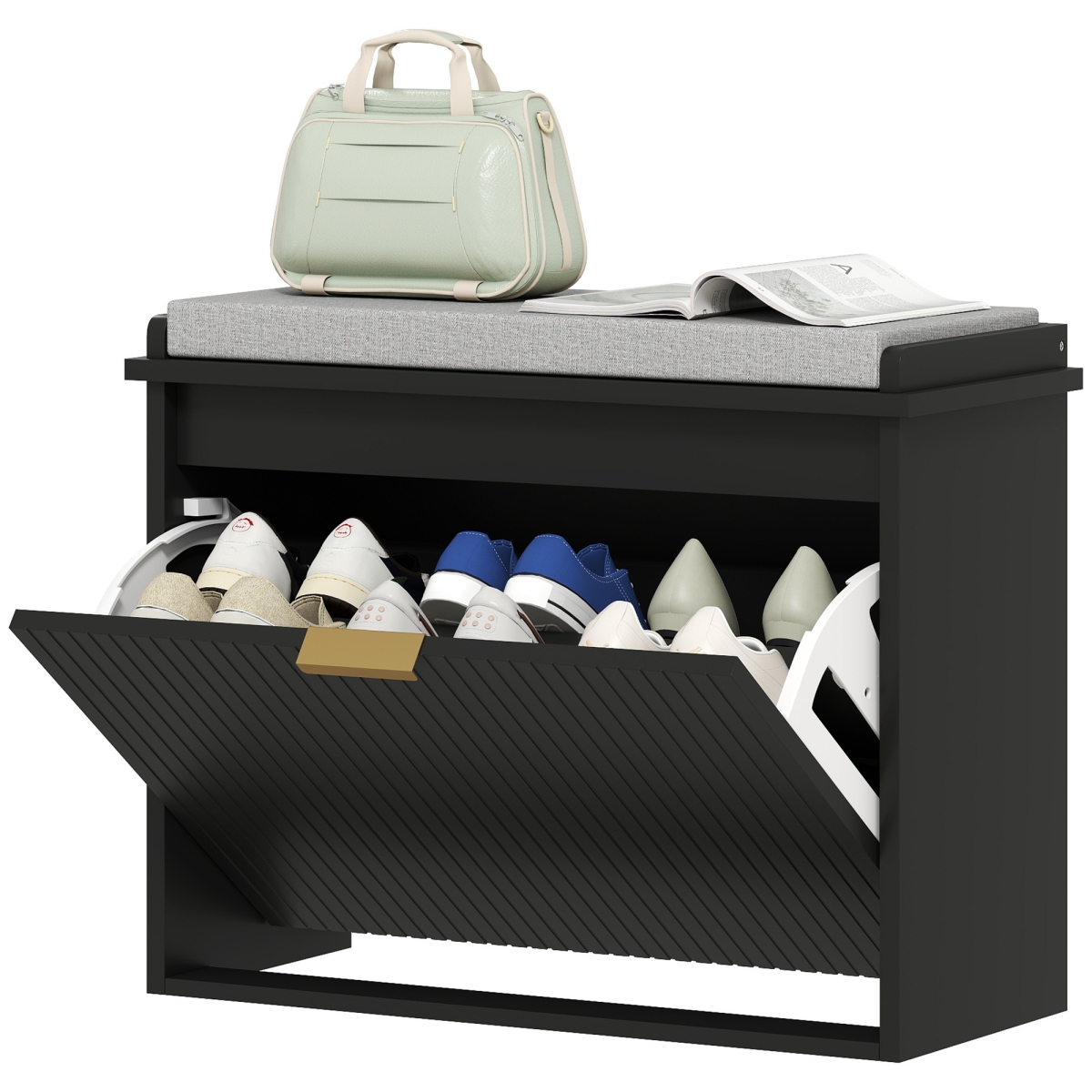 Picture of 212 Main 837-559V80BK 24.4 x 10.2 x 18.7 in. HOMCOM Shoe Storage Bench with Padded Seat Cushion & Flip-Drawer - Entryway Bench - Shoe Cabinet&#44; Black