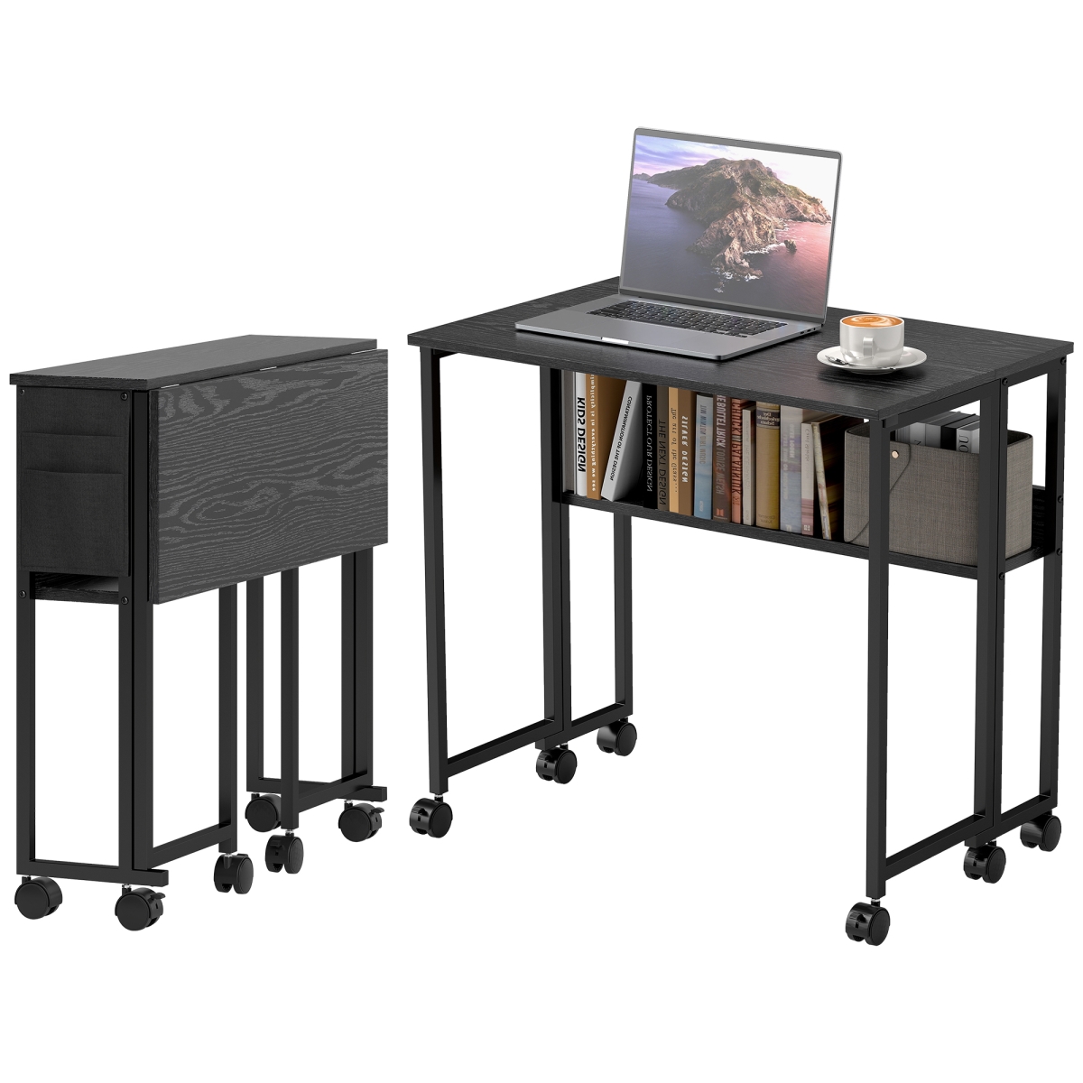 Picture of 212 Main 836-608V81BK HOMCOM Folding Computer Desk - Foldable Desk with Storage Bag - Shelf & Wheels for Small Spaces - Home Office&#44; Black