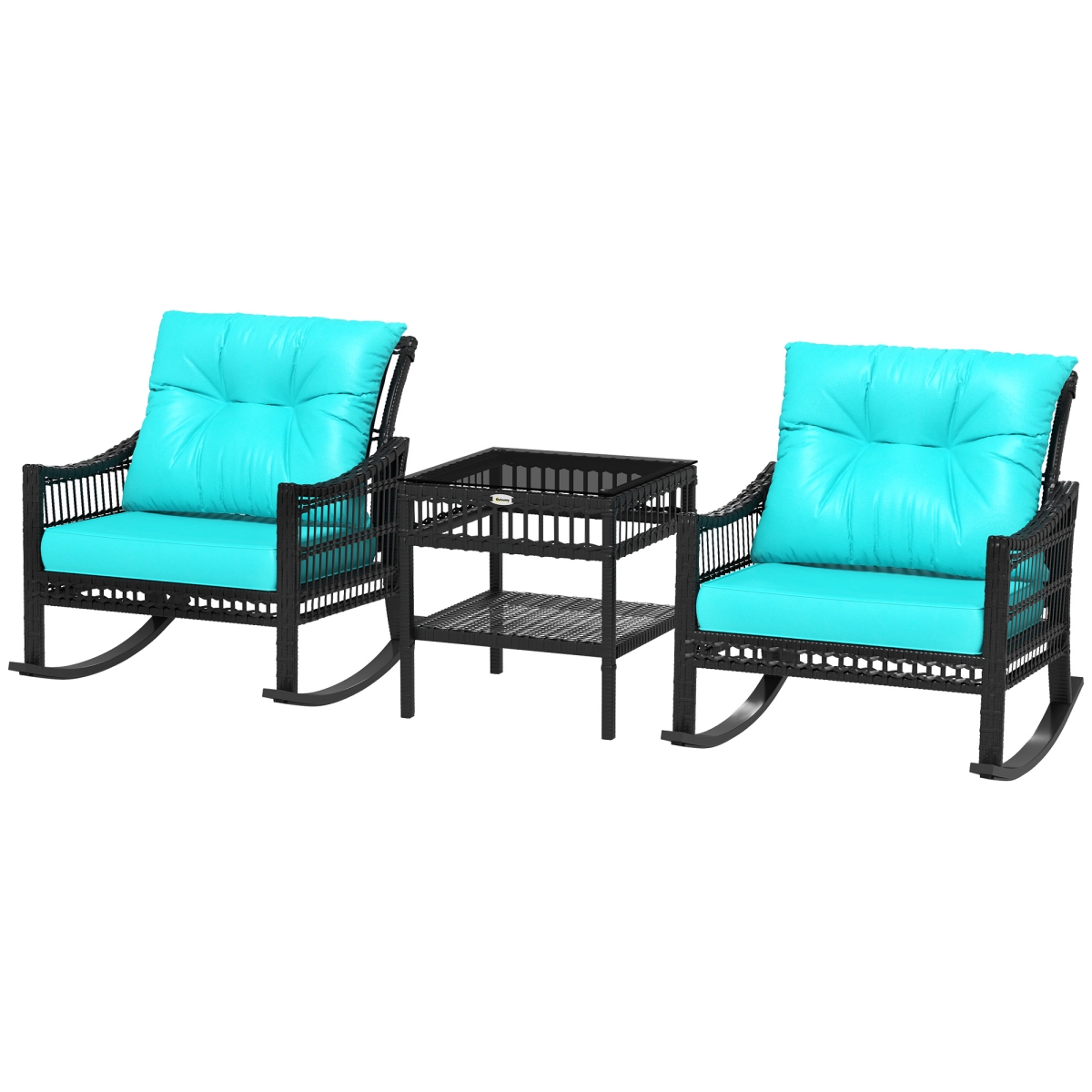 863-117V01TU Outsunny Outdoor PE Rattan Rocker Chair Set - Rocking Chair with Tempered Glass Table Top, Turquoise Green - 3 Piece