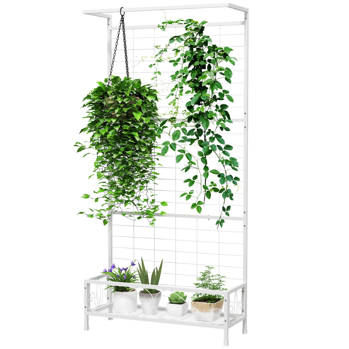 84H-182V00WT 36 x 12.8 x 74 in. Outsunny Metal Tall Plant Stand with Trellis & Hanging Bar - Plant Holder for Indoor Outdoor Use, White