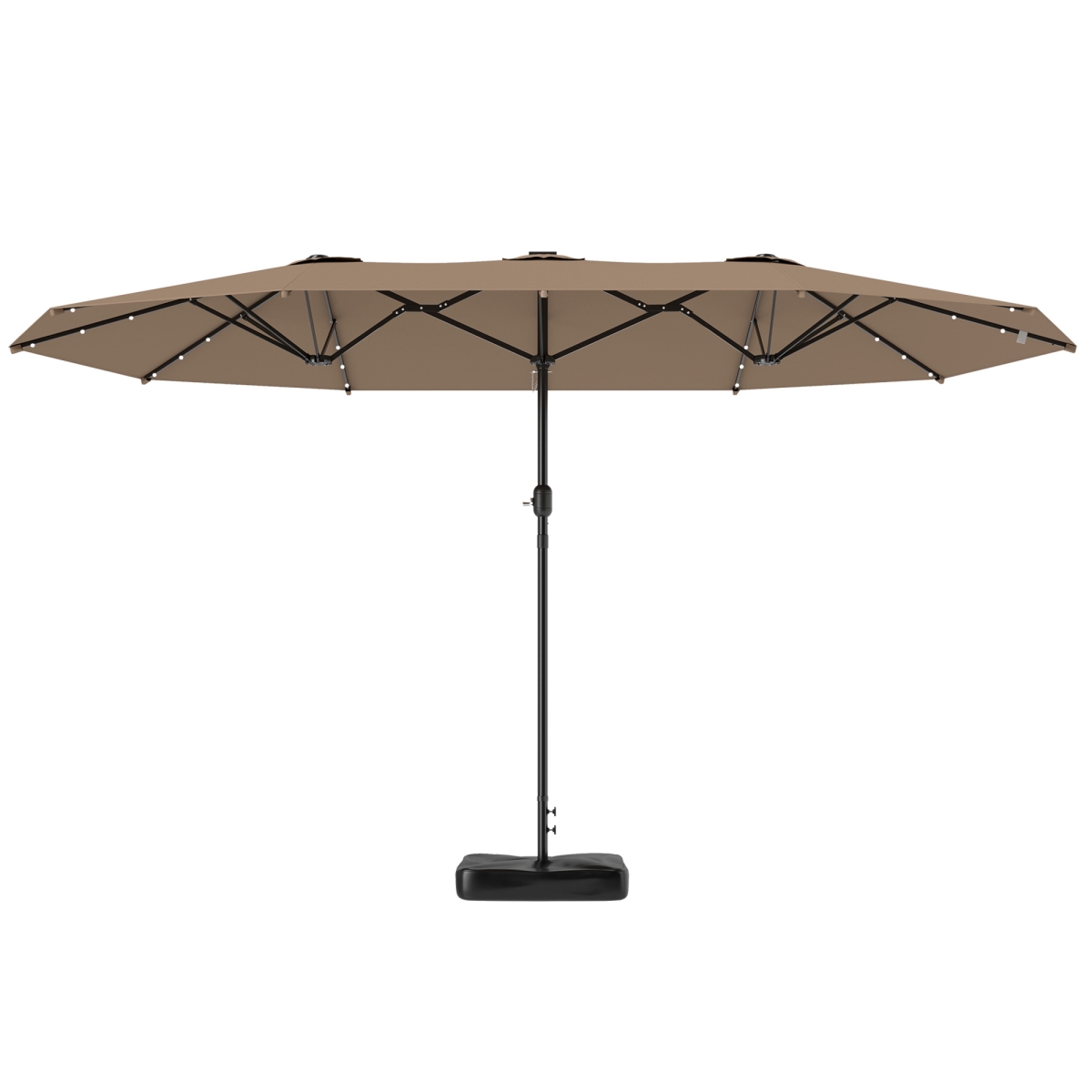 14.4 ft. Outsunny Garden Parasol Double-Sided Sun Umbrella with Base - Patio Parasol with LED Solar Lights - Khaki