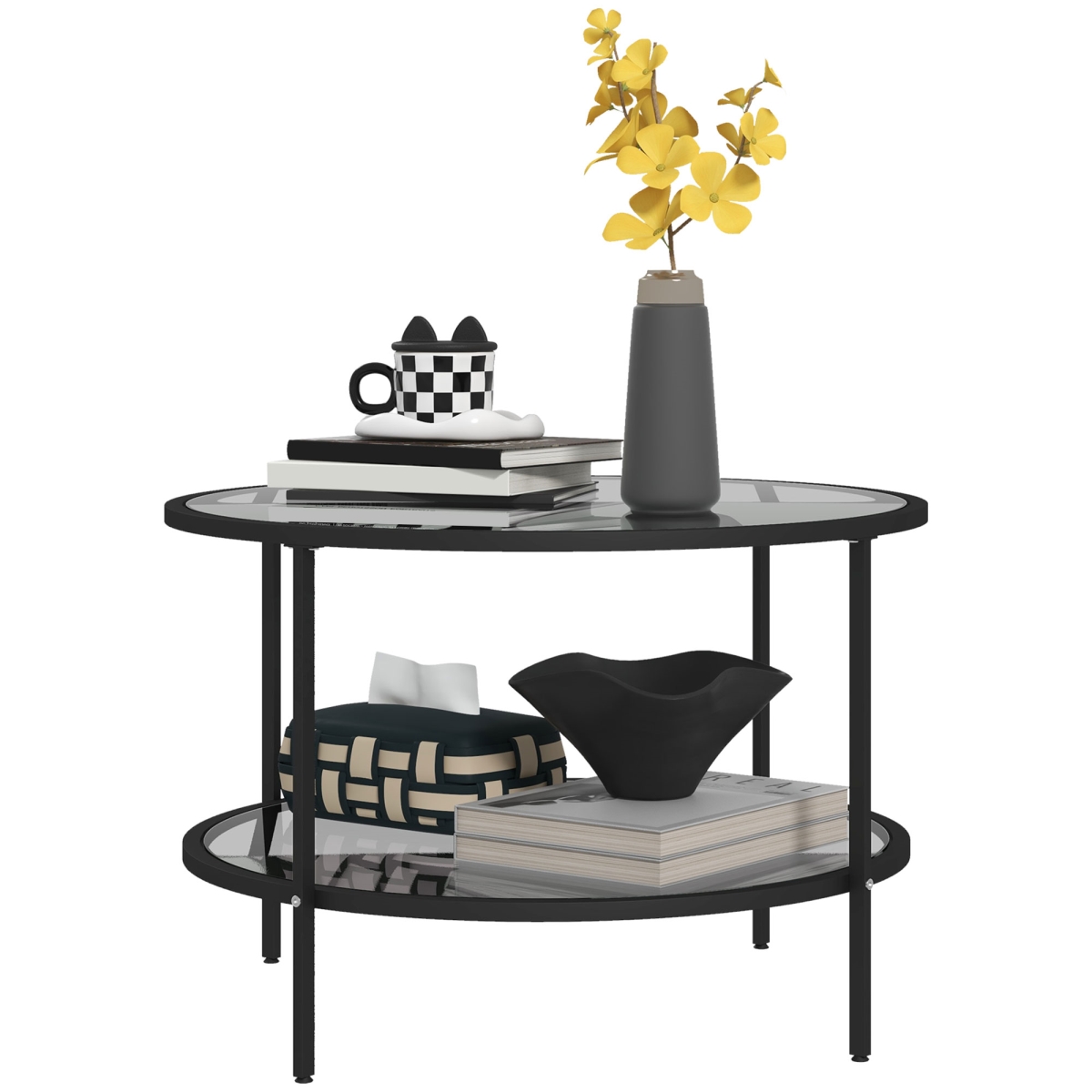 Picture of 212 Main 839-930V01BK HOMCOM Modern 2-Tier Round Side Table with Tempered Glass Top Steel Frame Sofa End Table for Living Room Small Accent Furniture&#44; Black