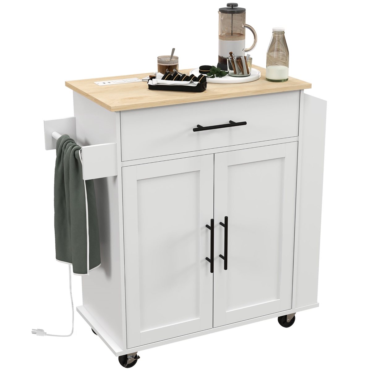 Picture of 212 Main 801-362V80WT HOMCOM Rollable Kitchen Island with Power Outlets - Drawer - Doors & Versatile Storage on Wheels&#44; White