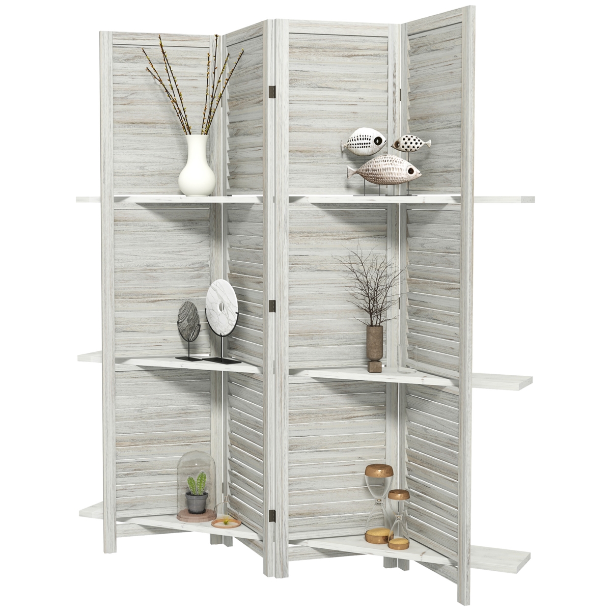 830-313V00MX 67 in. HOMCOM 4 Panel Tall Wood Privacy Screen Room Divider with 3 Shelves & Folding Storage for Bedroom, Distressed White