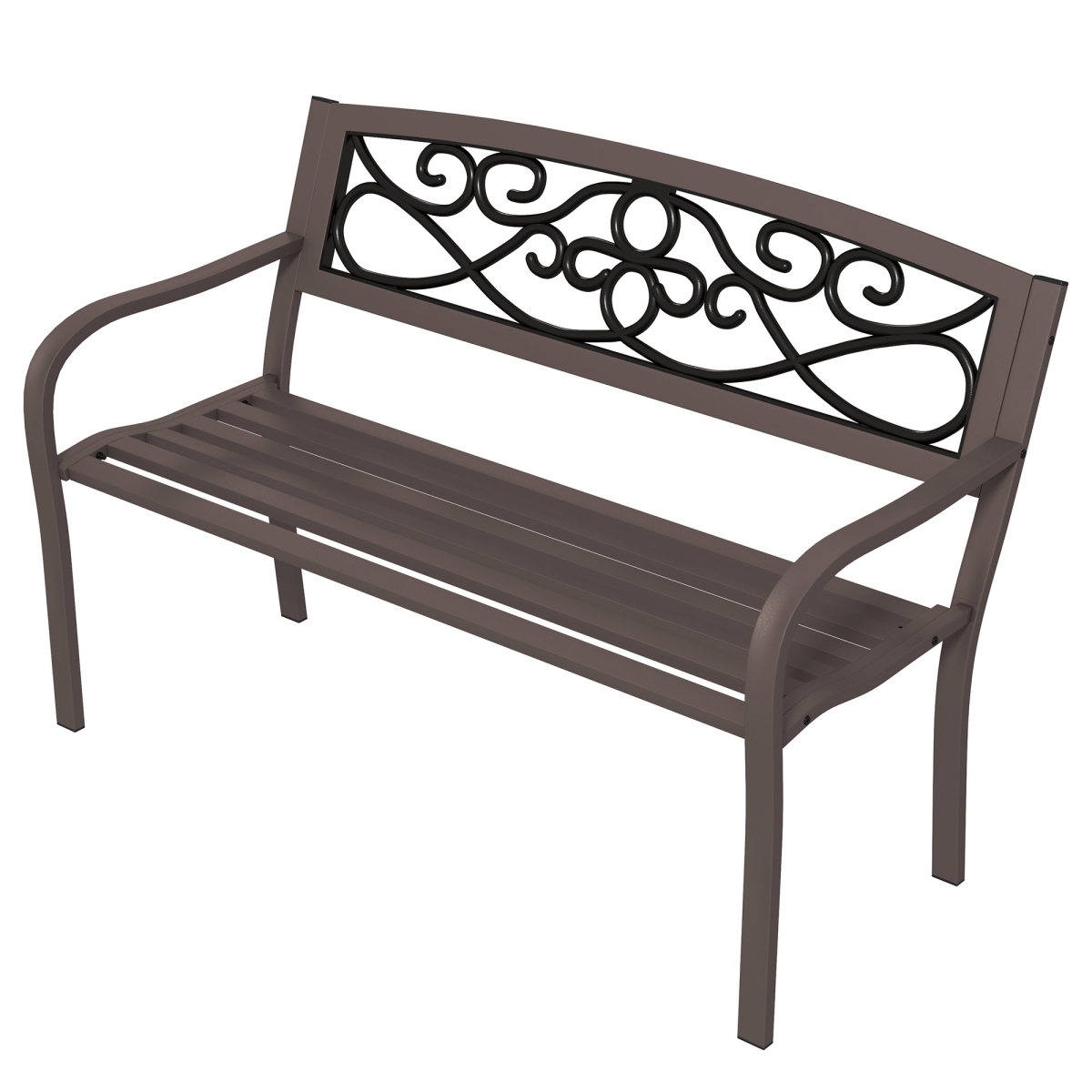 Picture of 212 Main 84G-560V00BN Outsunny Outdoor Bench - Steel Garden Bench with Floral Design Backrest & Armrest - Metal Bench for Patio Park Porch Lawn Yard Deck&#44; Brown