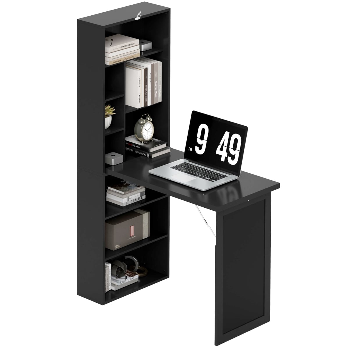 836-296V80BK HOMCOM Fold-Out Convertible Home Office Desk - Wall Mount Computer Desk with Blackboard & Side Shelf, Black