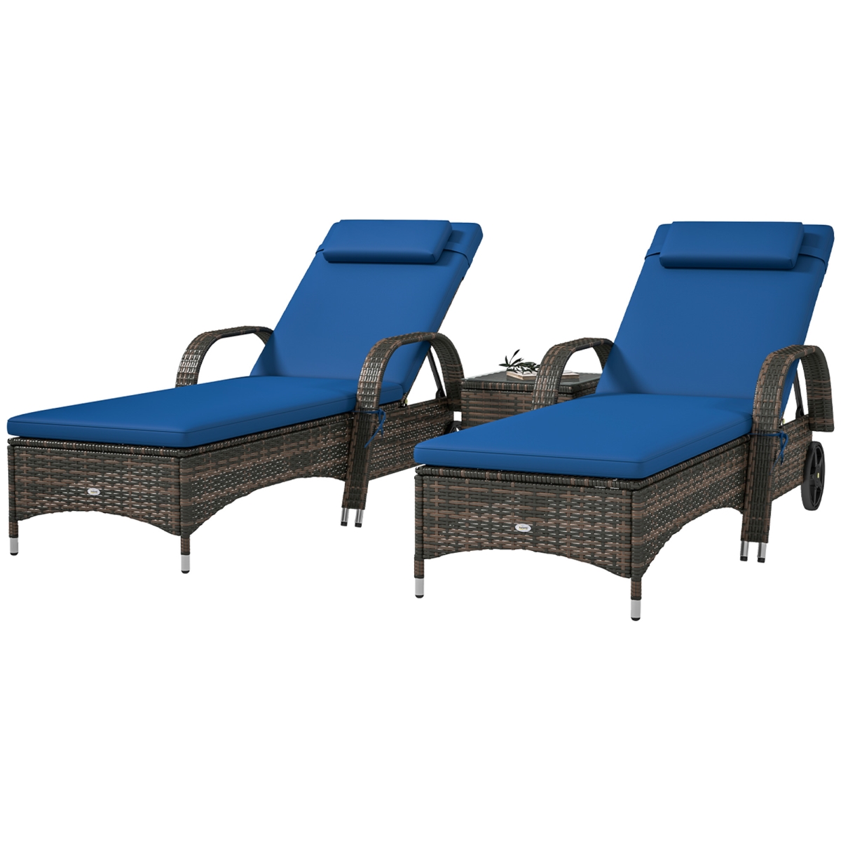 862-011V01BU Outsunny Patio Wicker Chaise Lounge Chair with Table - Adjustable Backrest - Wheels - Cushion & Headrest, Blue - Set of 2