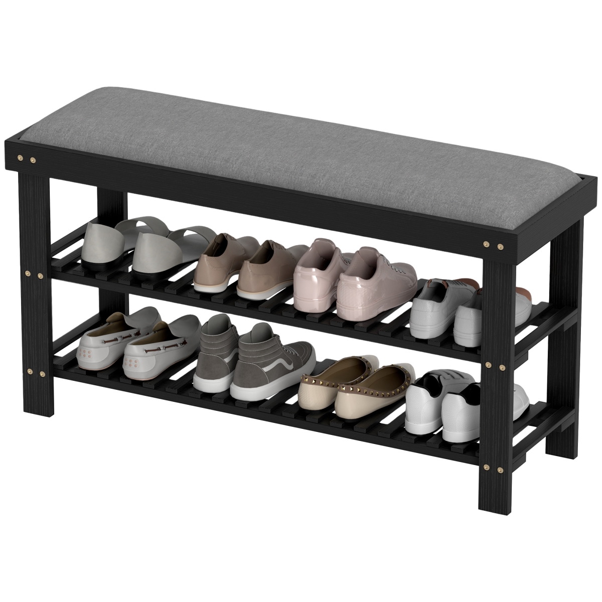 Picture of 212 Main 837-539V01BK HOMCOM Bamboo Shoe Storage Bench - 3-Tier Entryway Bench with Cushion - Shoe Organizer for Entryway - Hallway&#44; Black