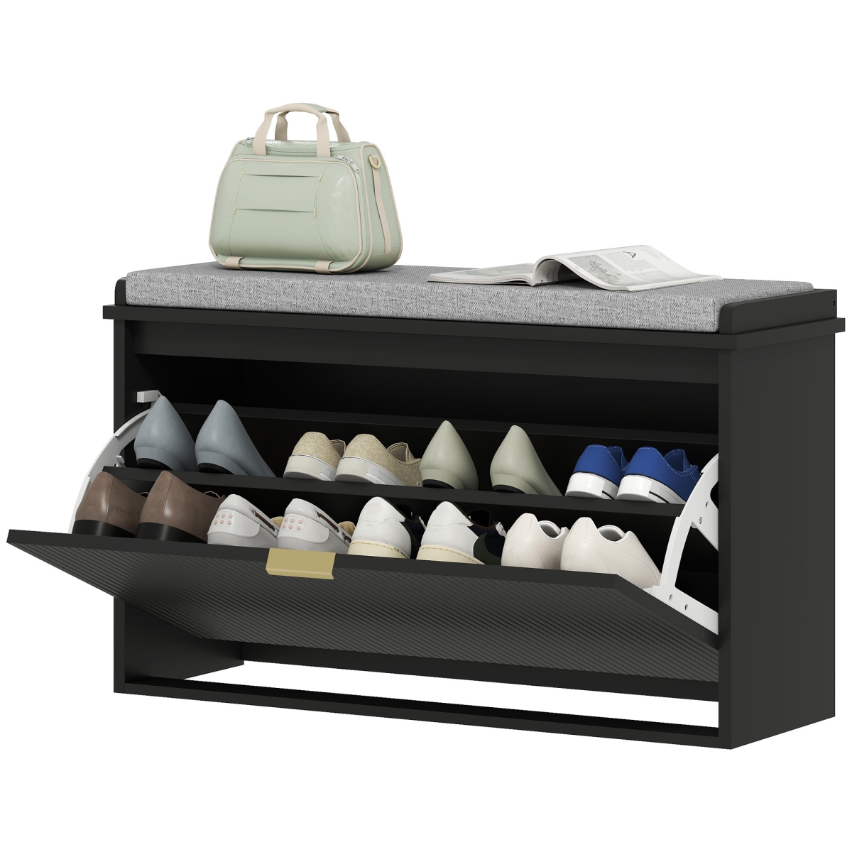 Picture of 212 Main 837-559V81BK 31.5 x 10.2 x 18.7 in. HOMCOM Shoe Storage Bench with Padded Seat Cushion & Flip-Drawer - Entryway Bench - Shoe Cabinet&#44; Black