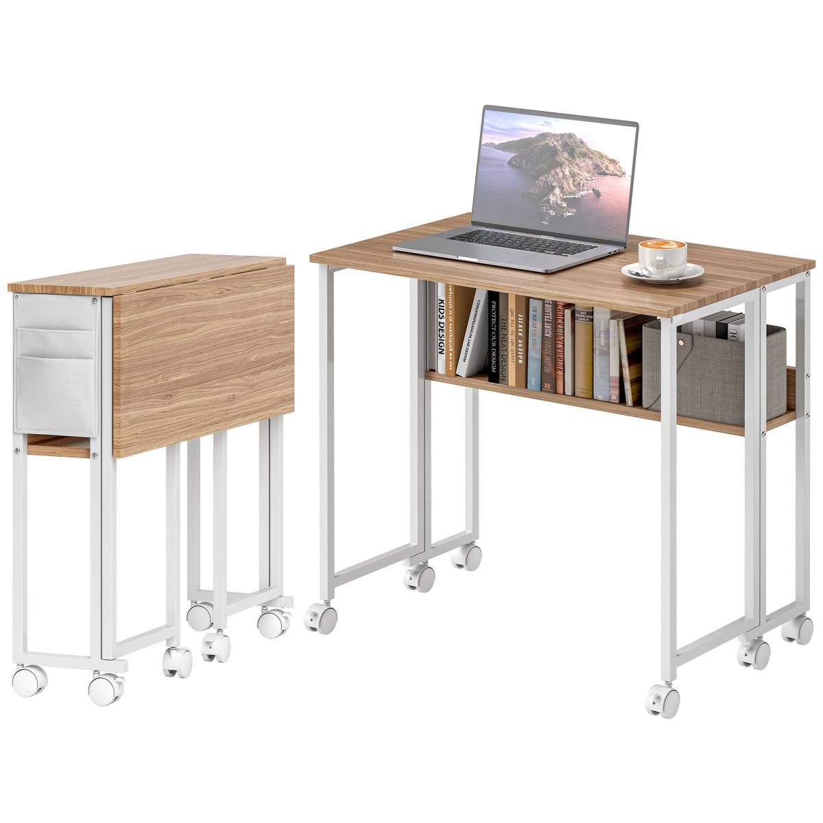 Picture of 212 Main 836-608V81ND HOMCOM Folding Computer Desk - Foldable Desk with Storage Bag - Shelf & Wheels for Small Spaces - Home Office&#44; Natural Wood