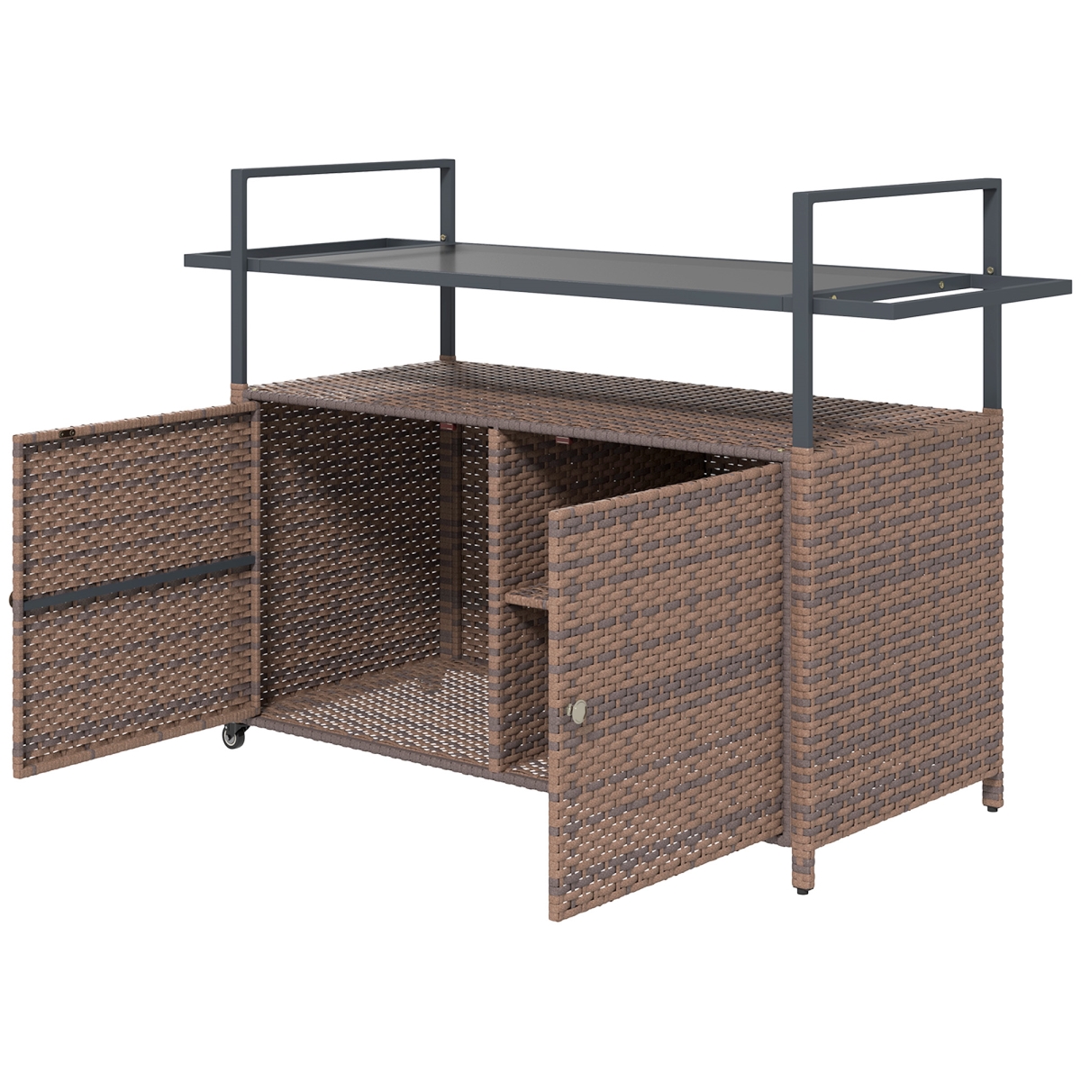 Picture of 212 Main 867-198V01MB Outsunny 2-Tier Shelf PE Rattan Outdoor Bar Table - Glass Top Outdoor Serving Cart with Cabinet&#44; Mixed Brown
