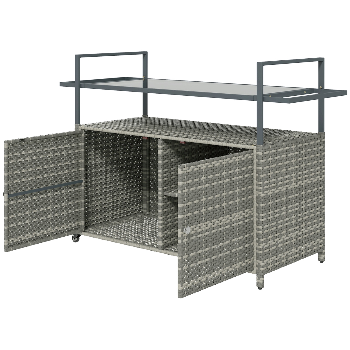 Picture of 212 Main 867-198V01GG Outsunny 2-Tier Shelf PE Rattan Outdoor Bar Table - Glass Top Outdoor Serving Cart with Cabinet&#44; Mixed Gray