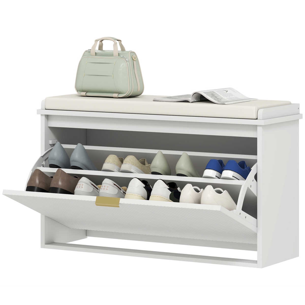 Picture of 212 Main 837-559V81WT 31.5 x 10.2 x 18.7 in. HOMCOM Shoe Storage Bench with Padded Seat Cushion & Flip-Drawer - Entryway Bench - Shoe Cabinet&#44; White