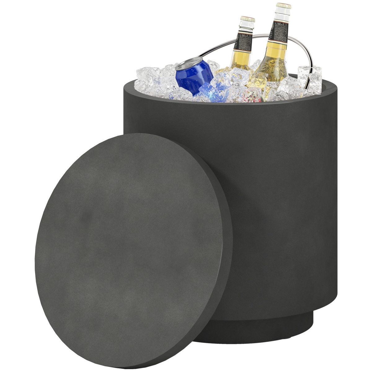 Picture of 212 Main 83B-268V00CG 2.6 gal HOMCOM Outdoor Side Table - 3-in-1 Concrete Cooler Bar Table with Storage - Removable Ice Bucket & Lid&#44; Charcoal Gray