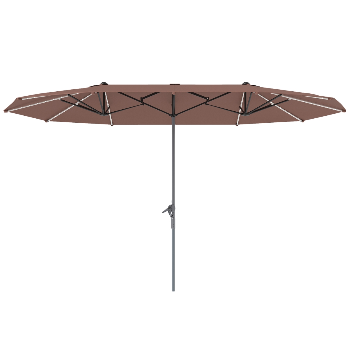 84D-438V00TN 15 ft. Outsunny Double-Sided Outdoor Umbrella with Solar Lights - UPF50 Plus Extra Large Aluminum Patio Umbrella with Crank, Tan