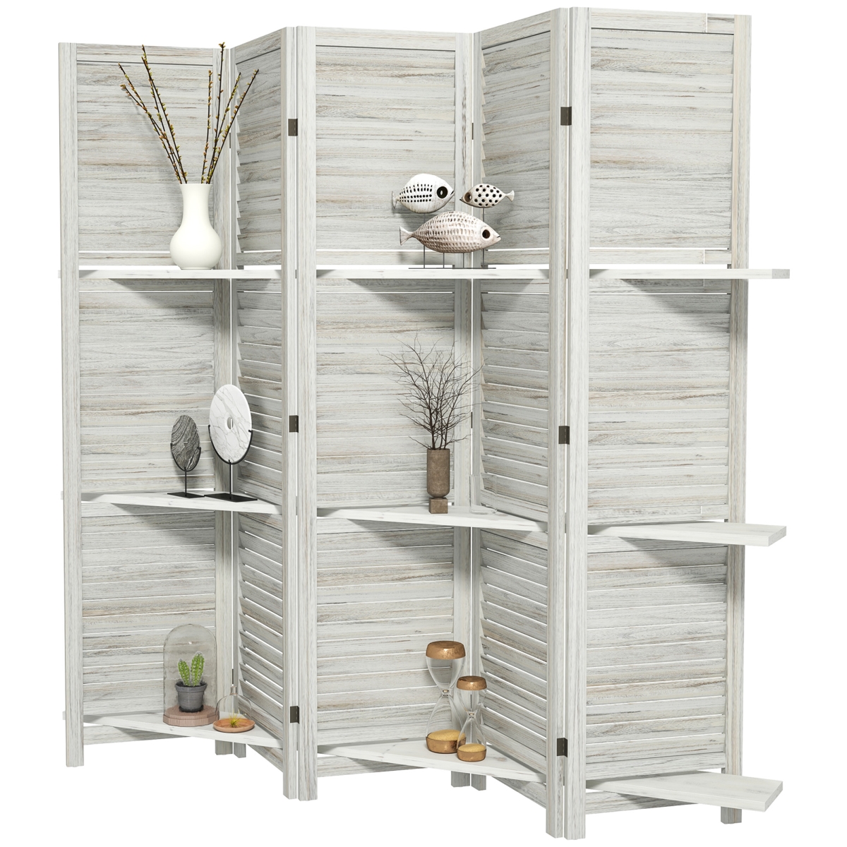 830-313V01MX 67 in. HOMCOM 5 Panel Tall Wood Privacy Screen Room Divider with 3 Shelves & Folding Storage for Bedroom, Distressed White