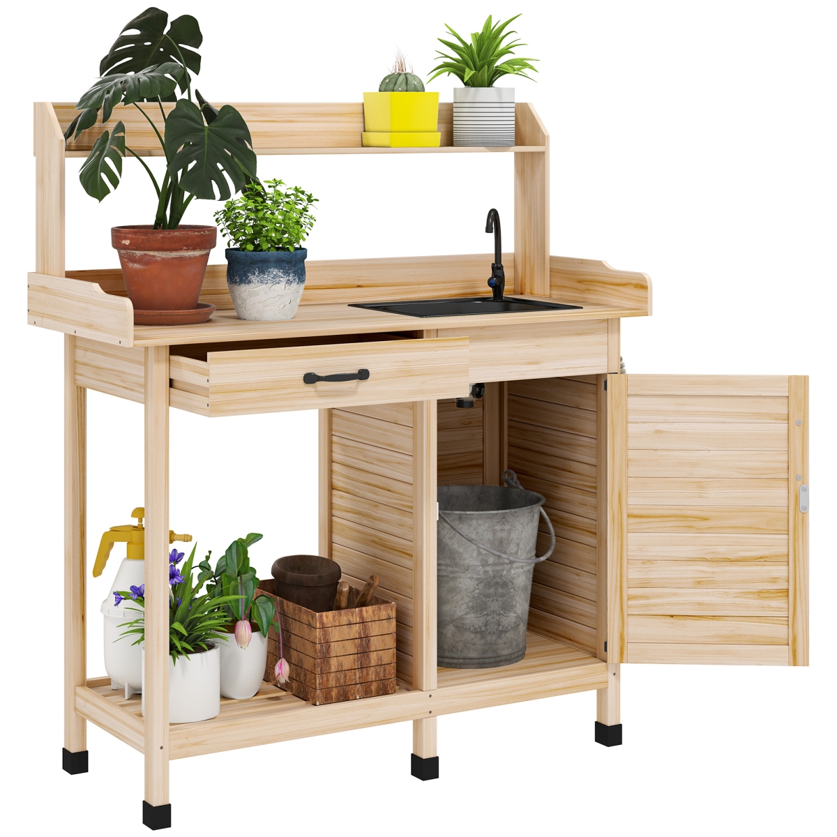 Picture of 212 Main 845-892V00ND Outsunny Potting Bench Table with Sink - Outdoor Work Bench Table with Storage Cabinet & Hooks for Greenhouse - Garden - Patio&#44; Natural Wood