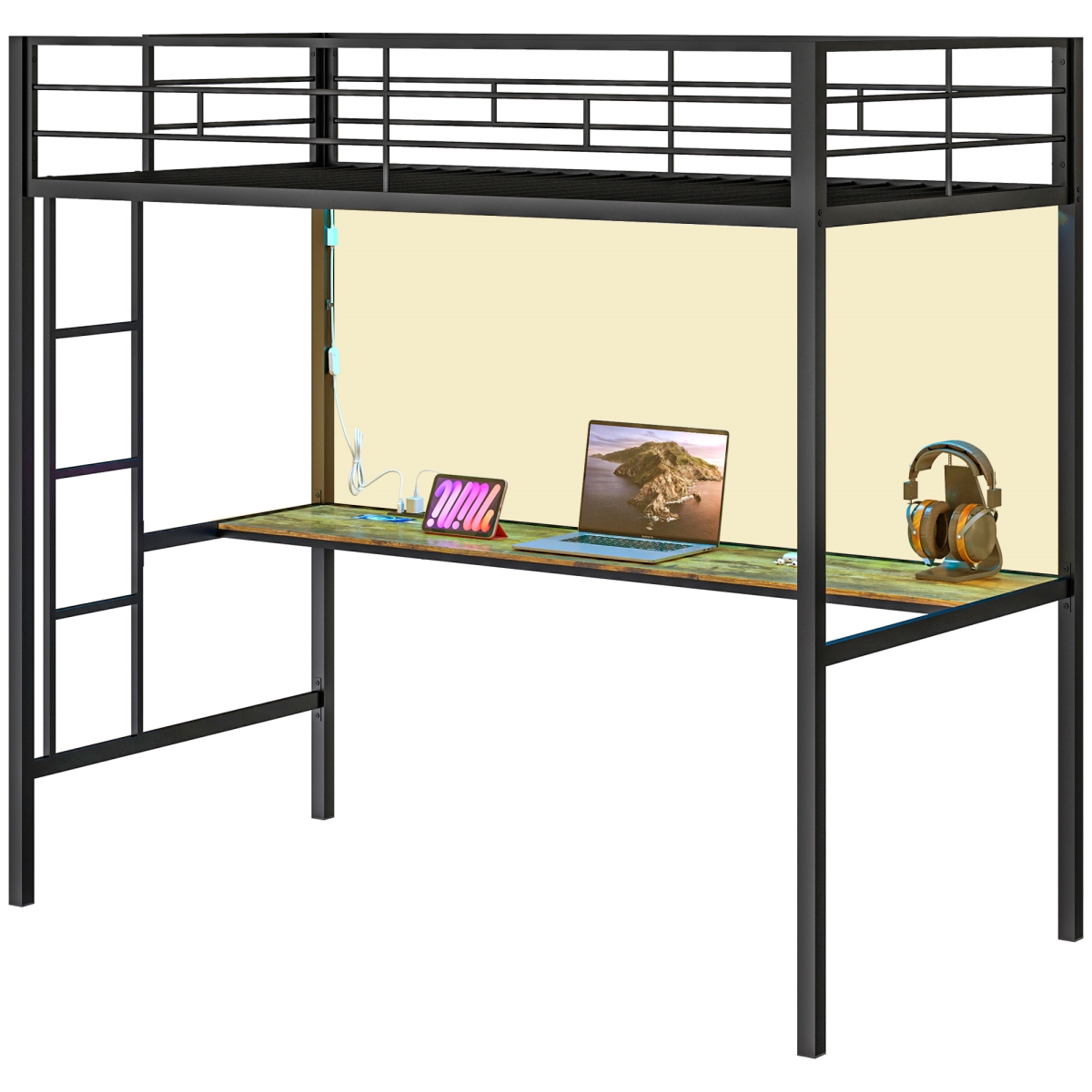 Picture of 212 Main 831-964V80BK HOMCOM Twin Loft Bed with Desk - LED Lights & Charging Station - Twin Loft Bed Metal with Ladder&#44; Black