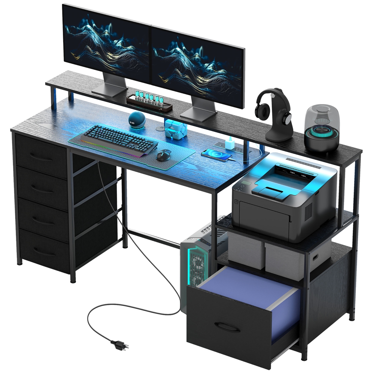 Picture of 212 Main 920-101V80BK 67 in. HOMCOM Computer Desk with Power Outlets & LED Lights - Computer Table with File Cabinet & Fabric Drawers&#44; Black
