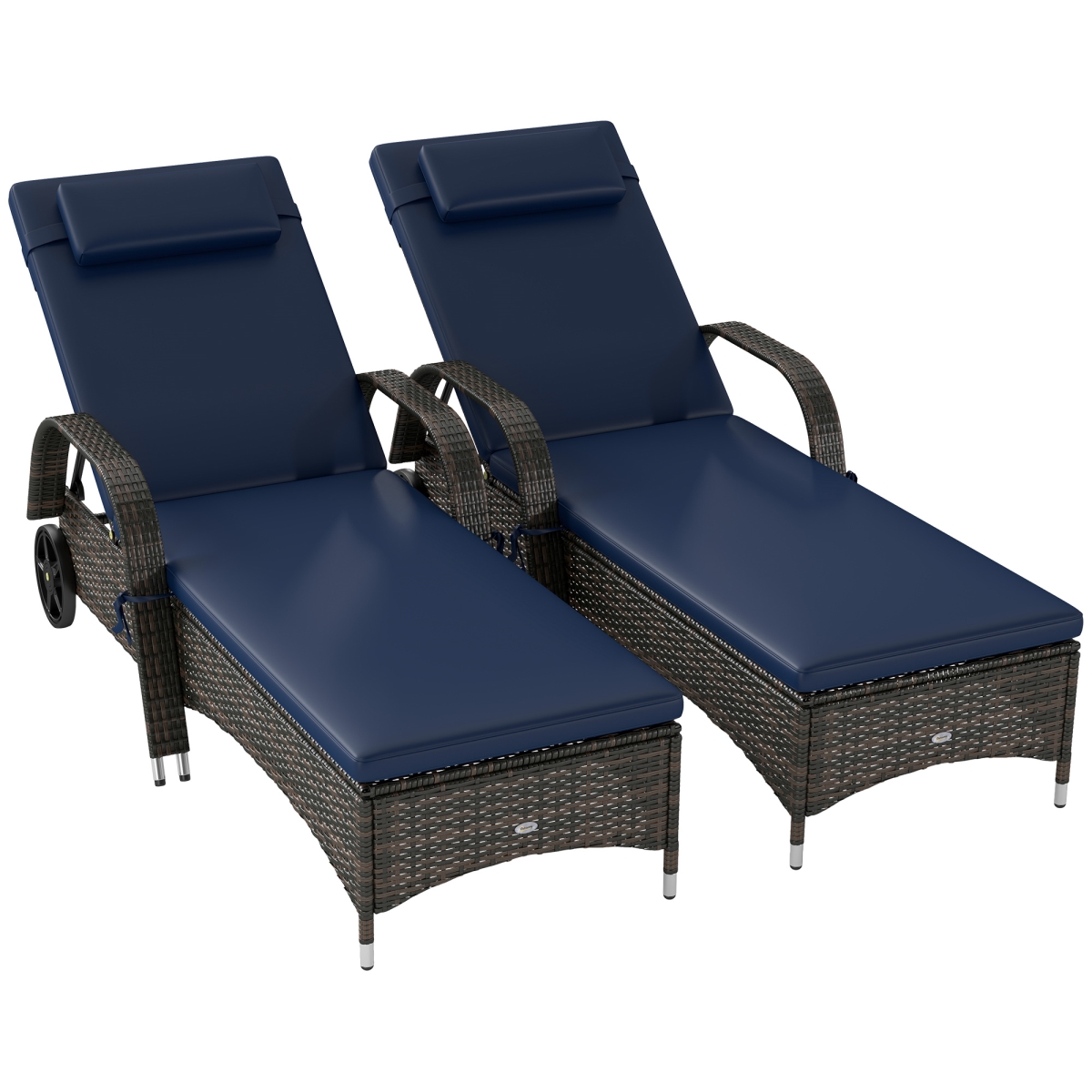 862-005V07DB Outsunny 2 Reclining Chaise Lounge Chairs - Rolling Outdoor Chairs with Cushion - Pillow - Headrest - Armrests & Wheels, Dark Blue