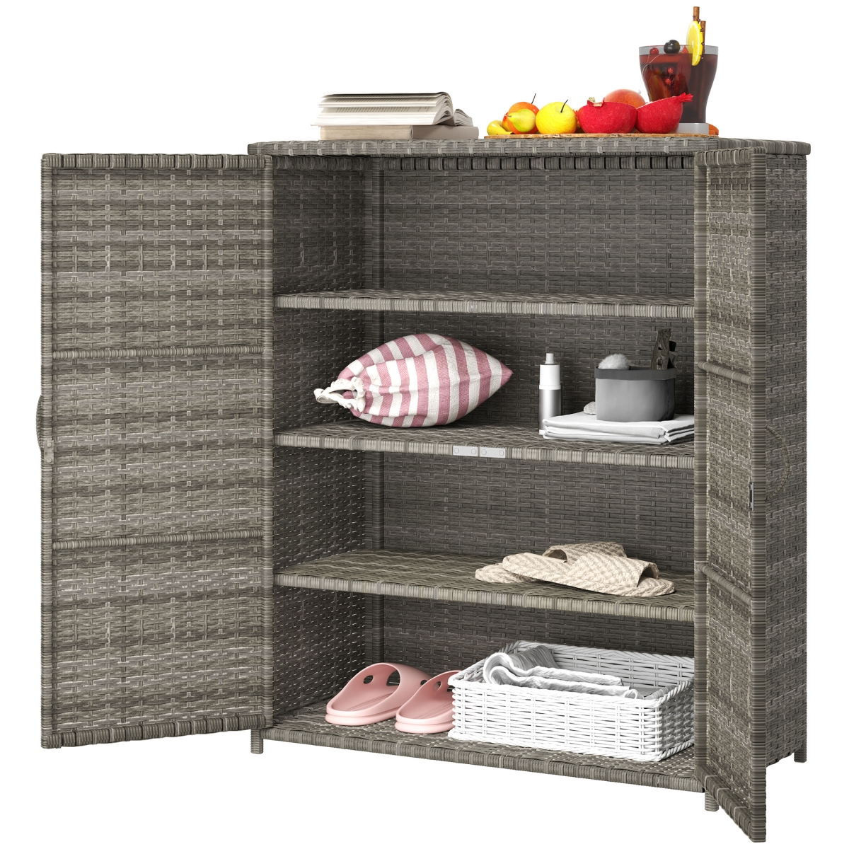 Picture of 212 Main 865-028V00GG Outsunny Rattan Wicker Outdoor Storage Cabinet with 4 Shelves & 2 Doors for Garden Pool Towel Storage&#44; Mixed Gray