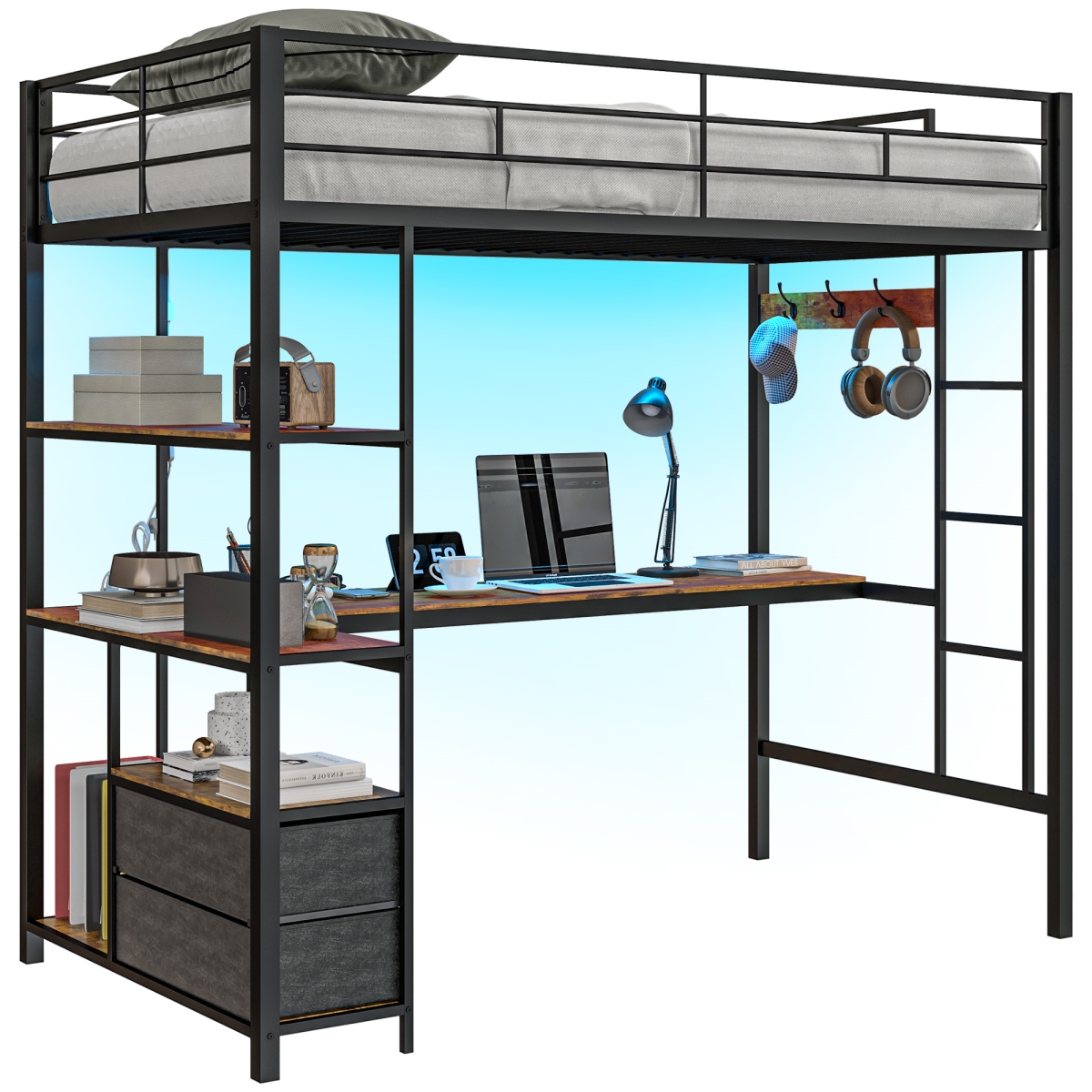 Picture of 212 Main 831-963V80BK HOMCOM Twin Loft Bed with Desk & Storage Shelves & Drawers - Twin Loft Bed Metal with LED Lights - Charging Station&#44; Black