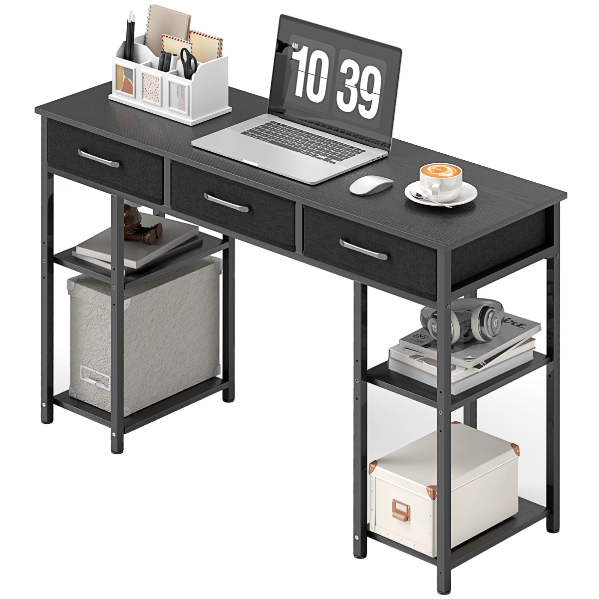 Picture of 212 Main 836-587V80BK 47 in. HOMCOM Small Computer Desk - Writing Desk with Fabric Drawers - Home Office Desk with Adjustable Shelves&#44; Black