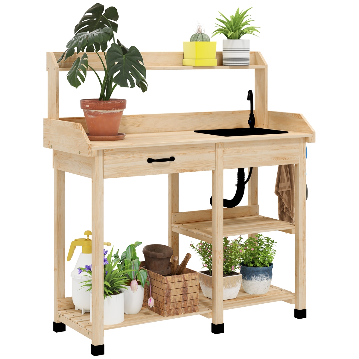 Picture of 212 Main 845-543V00ND Outsunny Potting Bench Table - Outdoor Garden Table Wooden Work Station with Removable Sink - Faucet - Drawer - Shelves - Hooks&#44; Natural Wood
