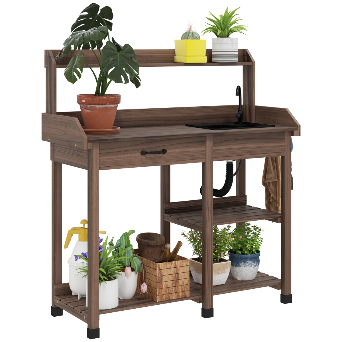 Picture of 212 Main 845-543V00CF Outsunny Potting Bench Table - Outdoor Garden Table Wooden Work Station with Removable Sink - Faucet - Drawer - Shelves - Hooks&#44; Dark Brown